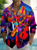 Oceanlyte Men's Vintage Style Jazz Band Print Long Sleeve Shirt with Chest Pocket