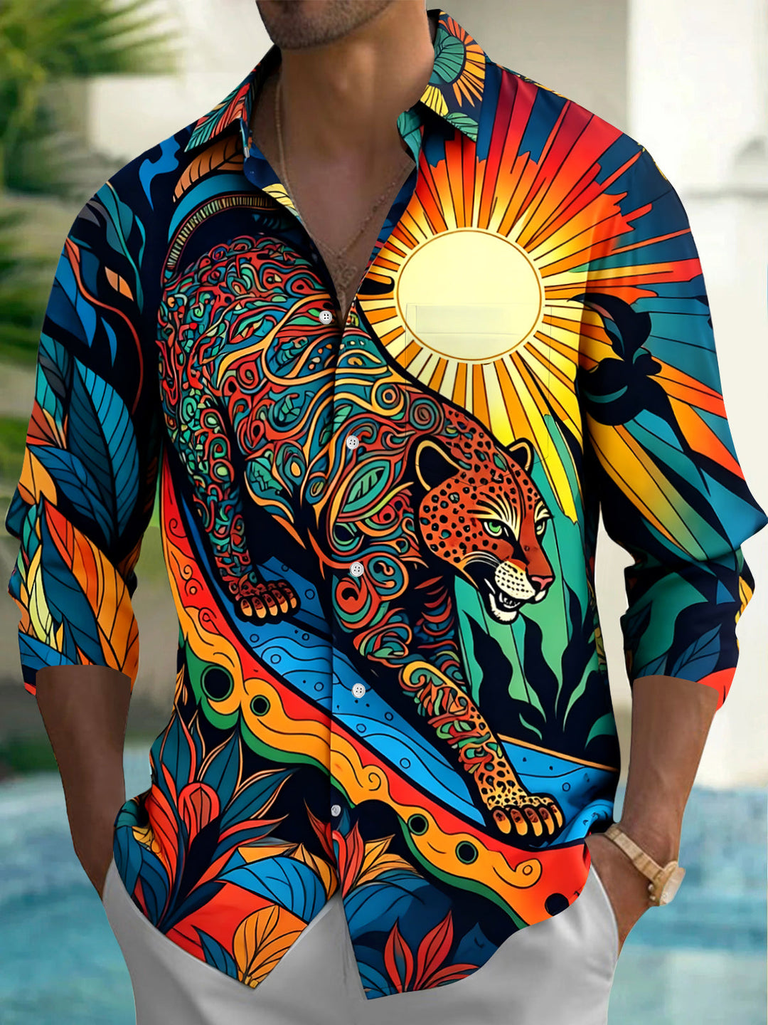 Vintage Cheetah Men's Pocket Long Sleeve Shirts