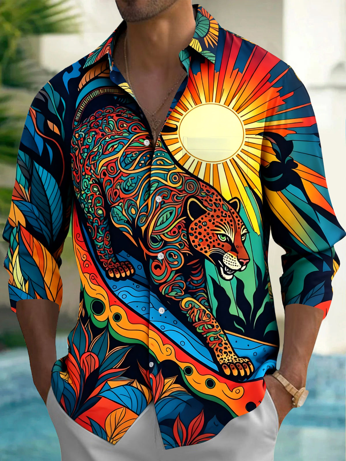 Oceanlyte Men's Hawaiian Colorful Leopard Print Long Sleeve Shirt with Chest Pocket