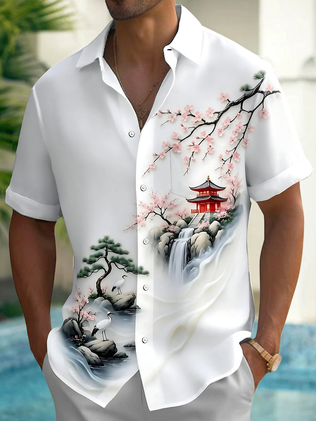Oceanlyte Men's Printed Asian Landscape Print Short Sleeve Shirt with Chest Pocket