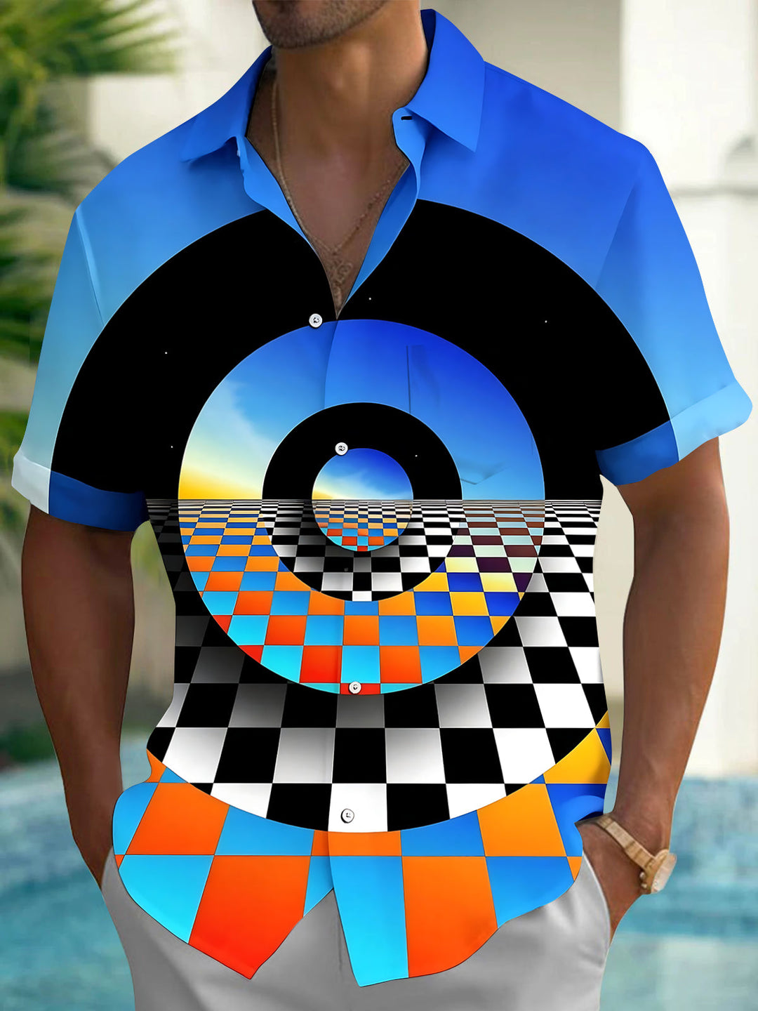 Oceanlyte Men's 3D 3D Geometric Checkerboard Print Short Sleeve Shirt with Chest Pocket