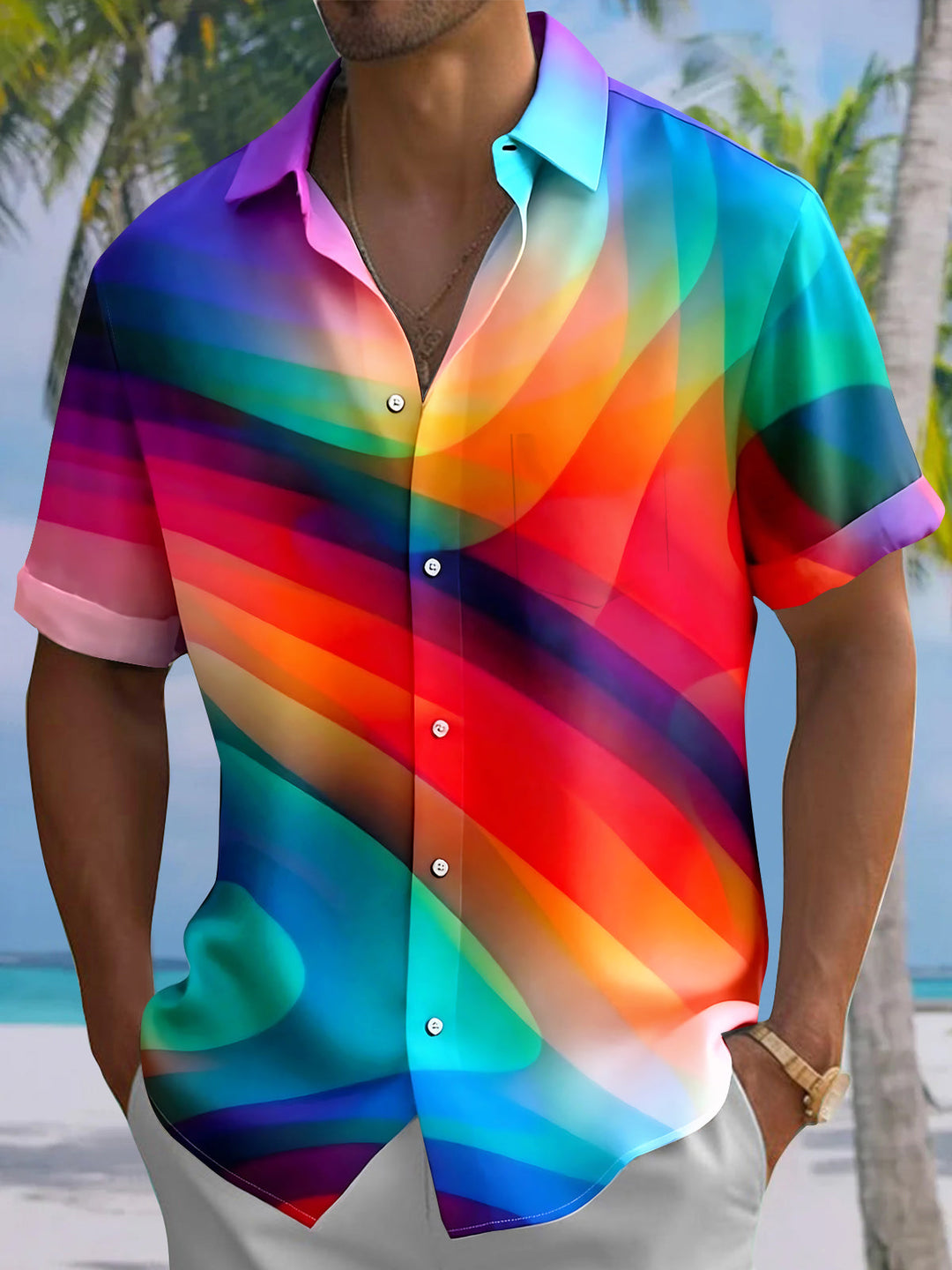 Oceanlyte Men's Printed Rainbow Gradient Waves Print Short Sleeve Shirt with Chest Pocket