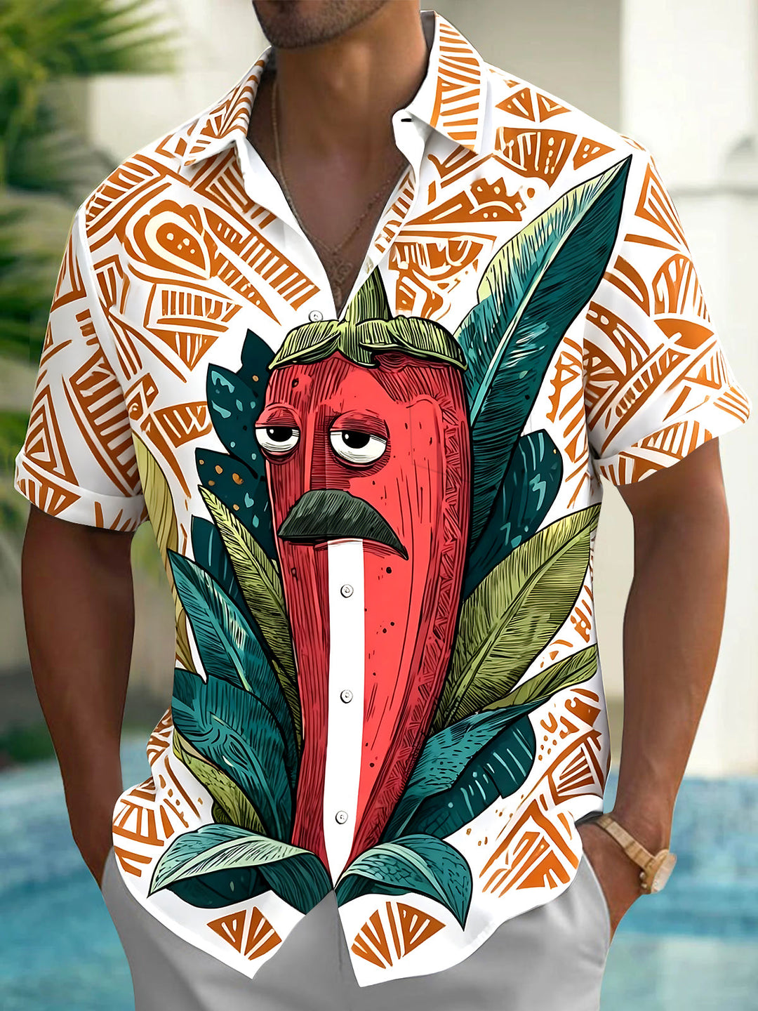 Oceanlyte Men's Funny Pepper Character Print Short Sleeve Shirt with Chest Pocket