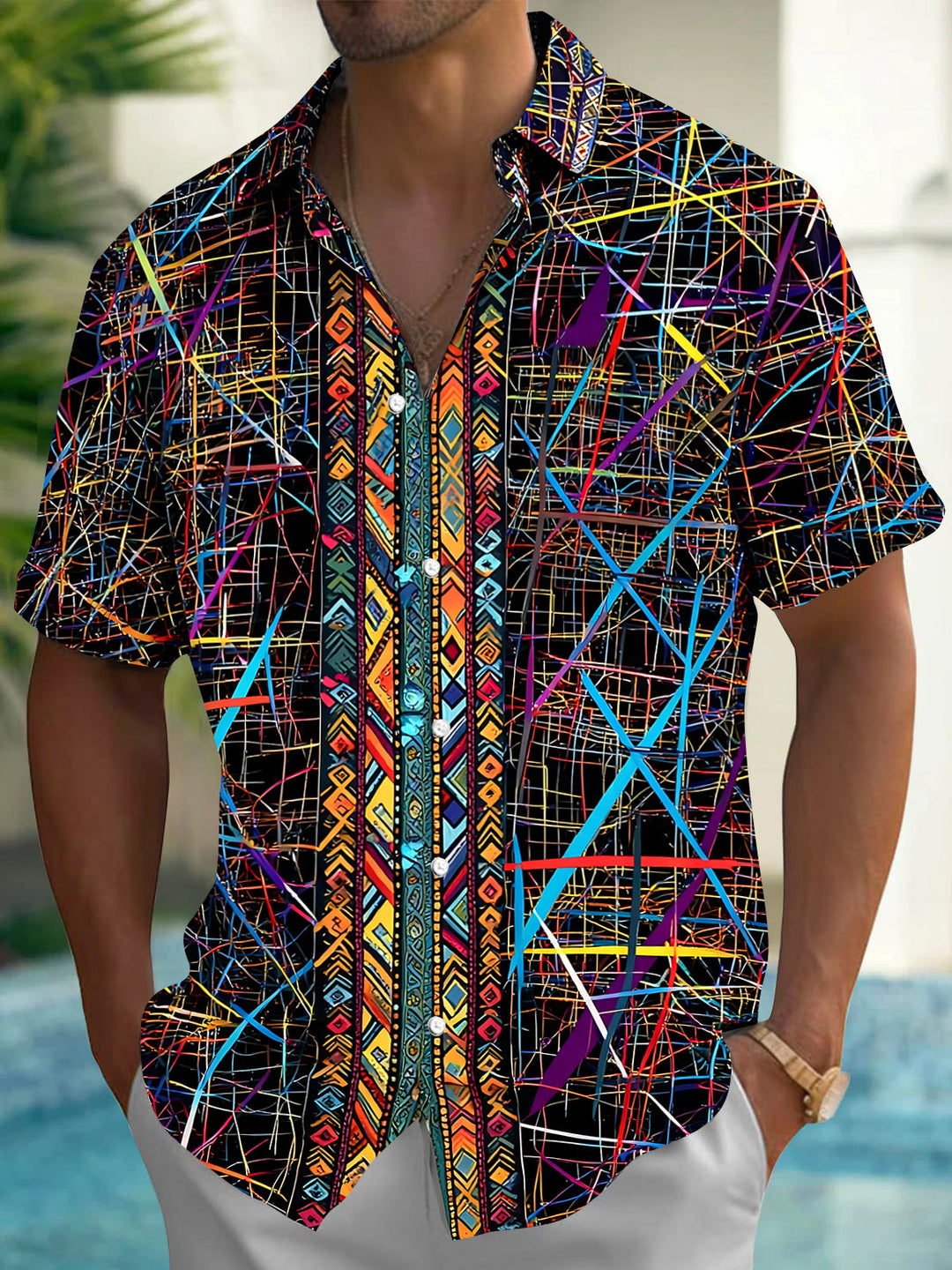 Oceanlyte Men's Colorful Abstract Lines Print Short Sleeve Shirt with Chest Pocket