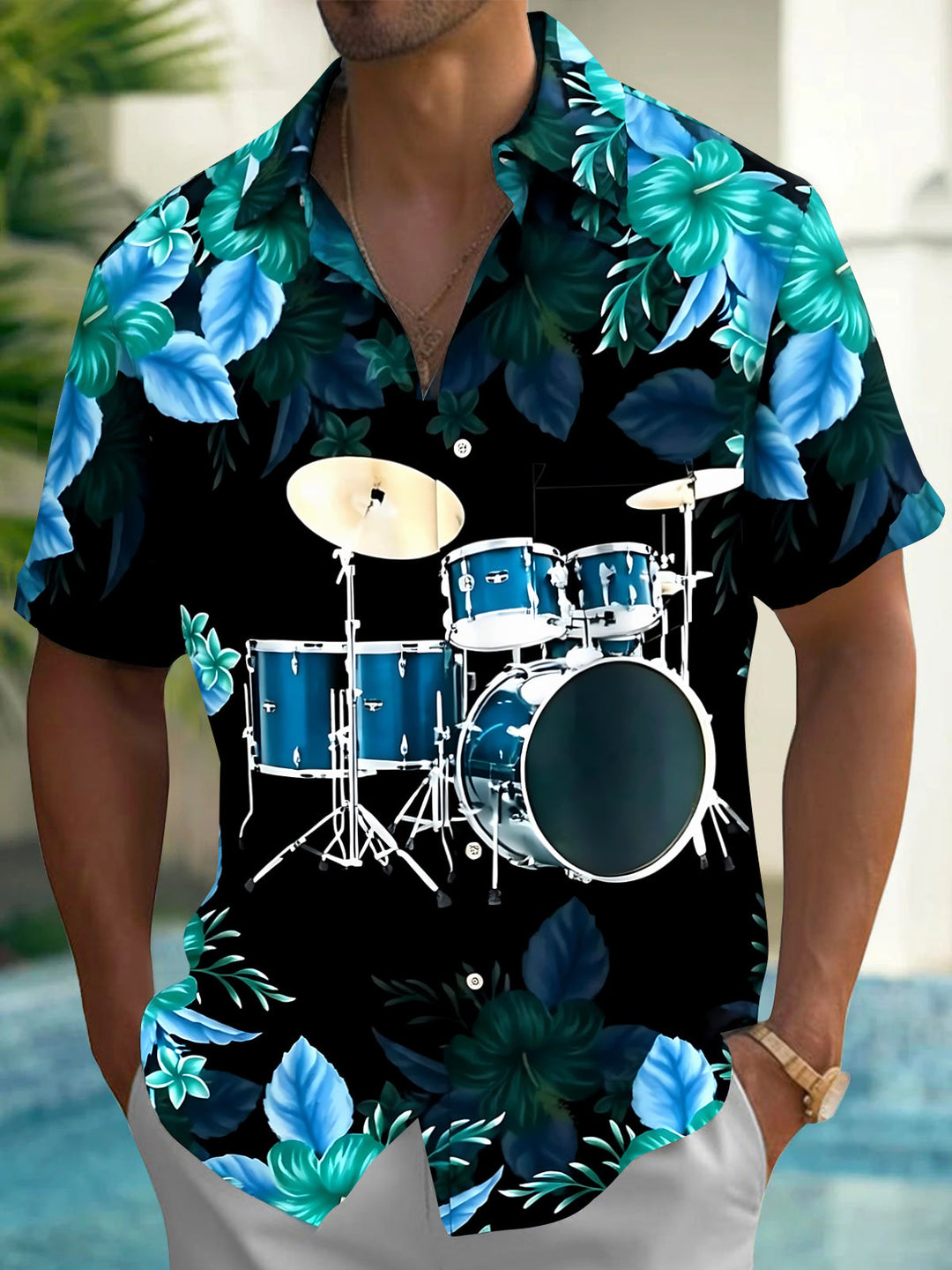 Oceanlyte Men's Hawaiian Drum Set Print Short Sleeve Shirt with Chest Pocket