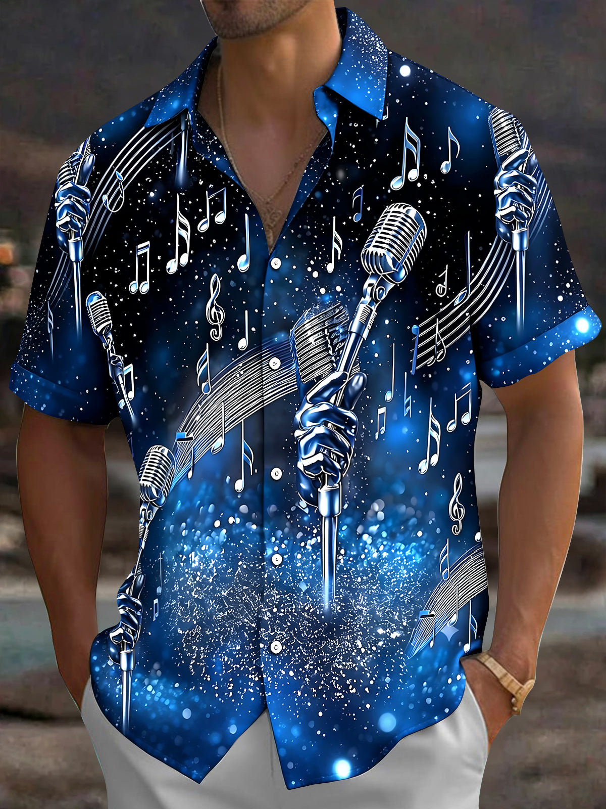 Oceanlyte Men's Graphic Microphone Print Short Sleeve Shirt with Chest Pocket