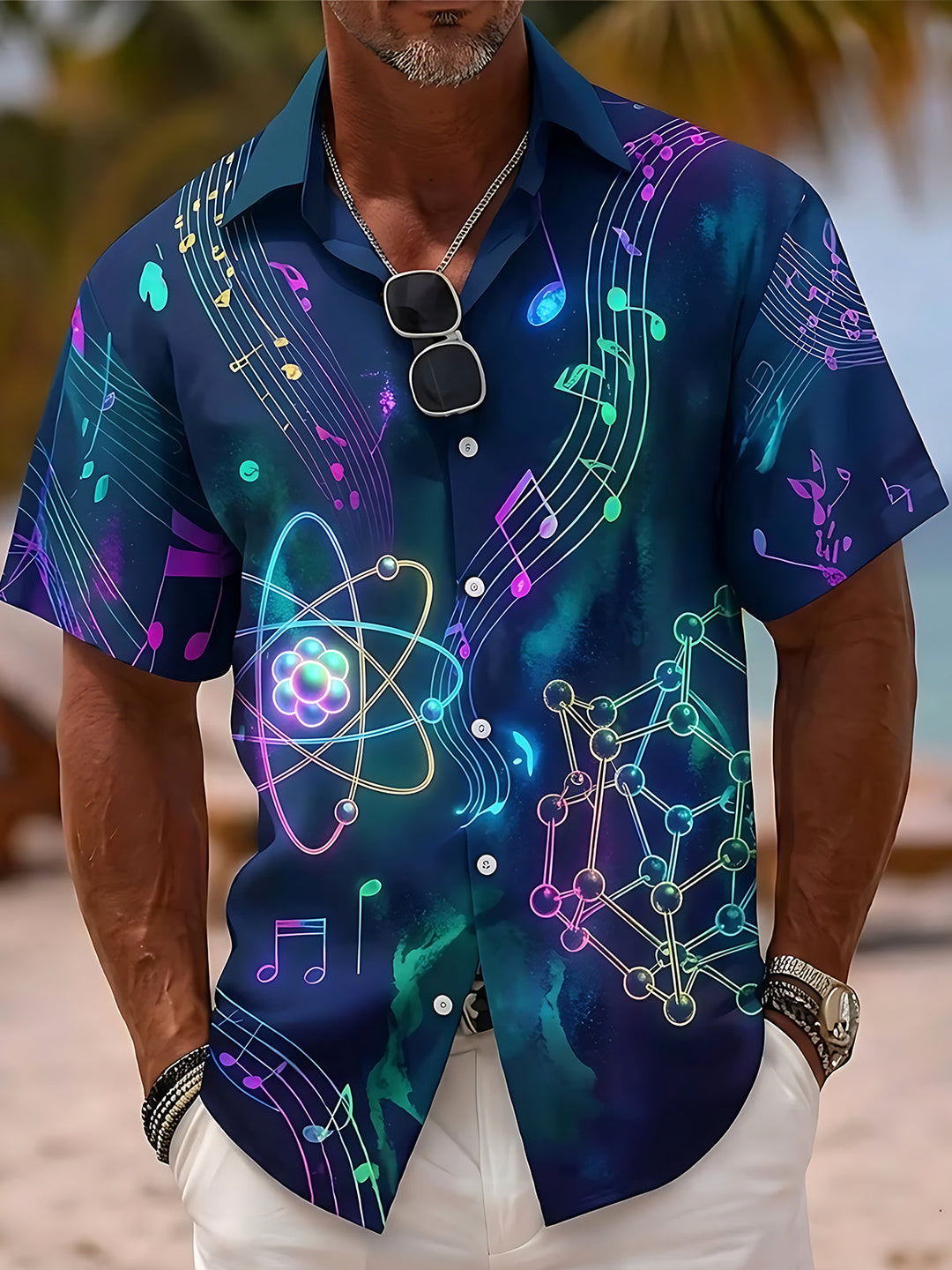 Oceanlyte Men's Graphic Neon Music Notes Print Short Sleeve Shirt with Chest Pocket