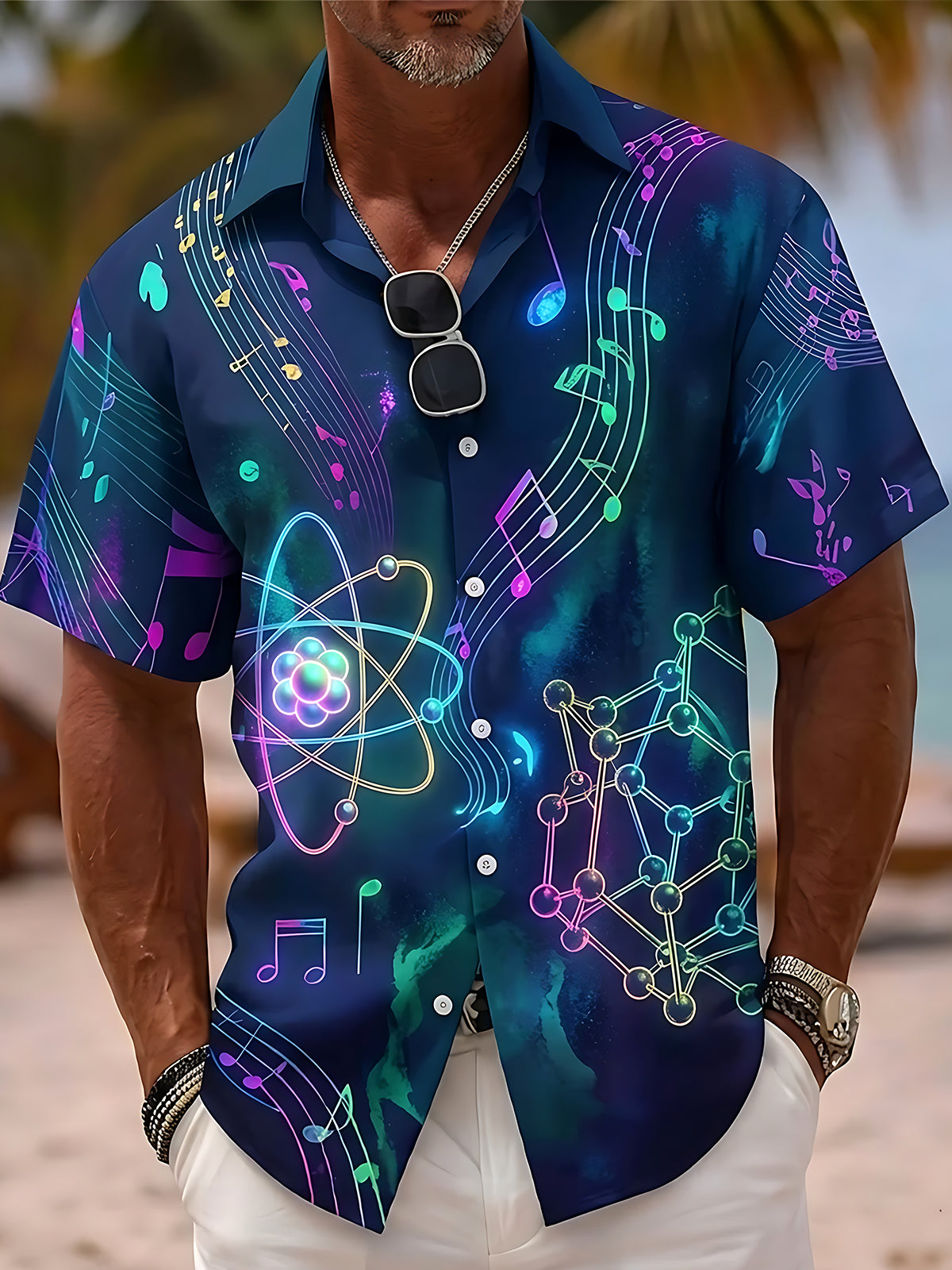 Oceanlyte Men's Graphic Neon Music Notes Print Short Sleeve Shirt with Chest Pocket