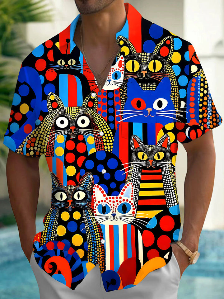 Oceanlyte Men's Hawaiian Colorful Cat Faces Print Short Sleeve Shirt with Chest Pocket
