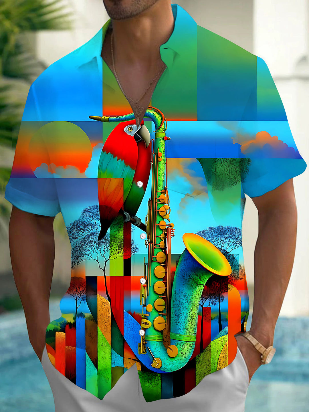 Oceanlyte Men's Graphic Parrot On Saxophone Print Short Sleeve Shirt with Chest Pocket