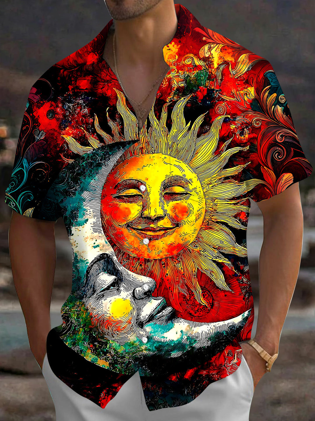 Oceanlyte Men's Vintage Style V-neck Print Short Sleeve Shirt with Chest Pocket