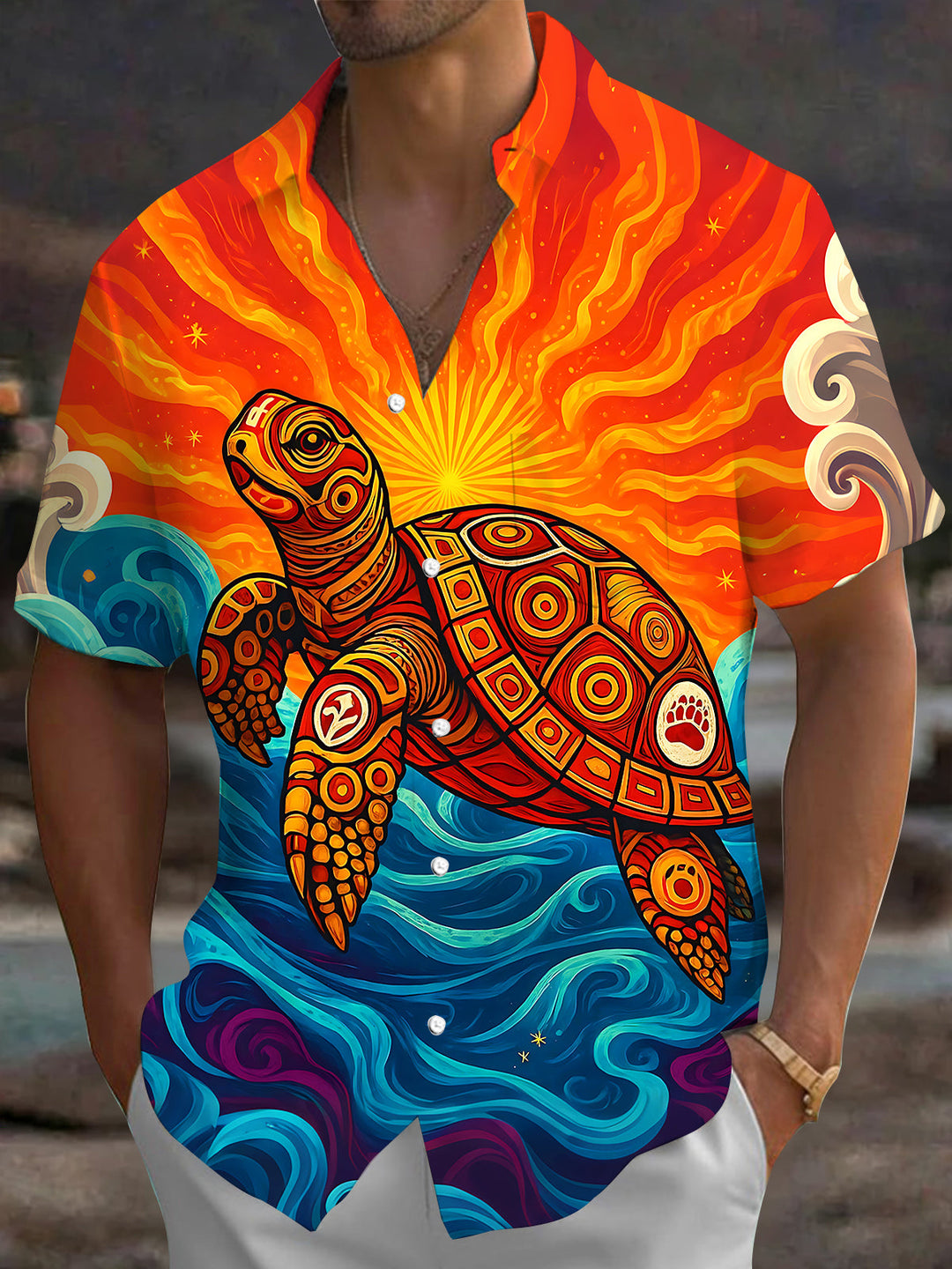 Oceanlyte Men's Hawaiian Sea Turtle Print Short Sleeve Shirt with Chest Pocket