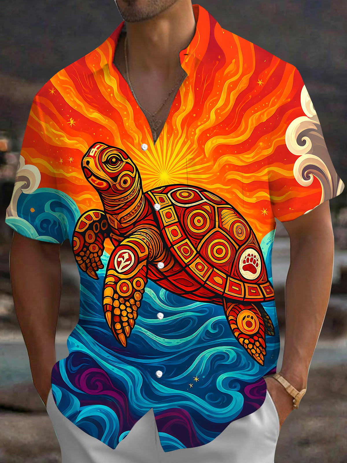 Oceanlyte Men's Hawaiian Sea Turtle Print Short Sleeve Shirt with Chest Pocket