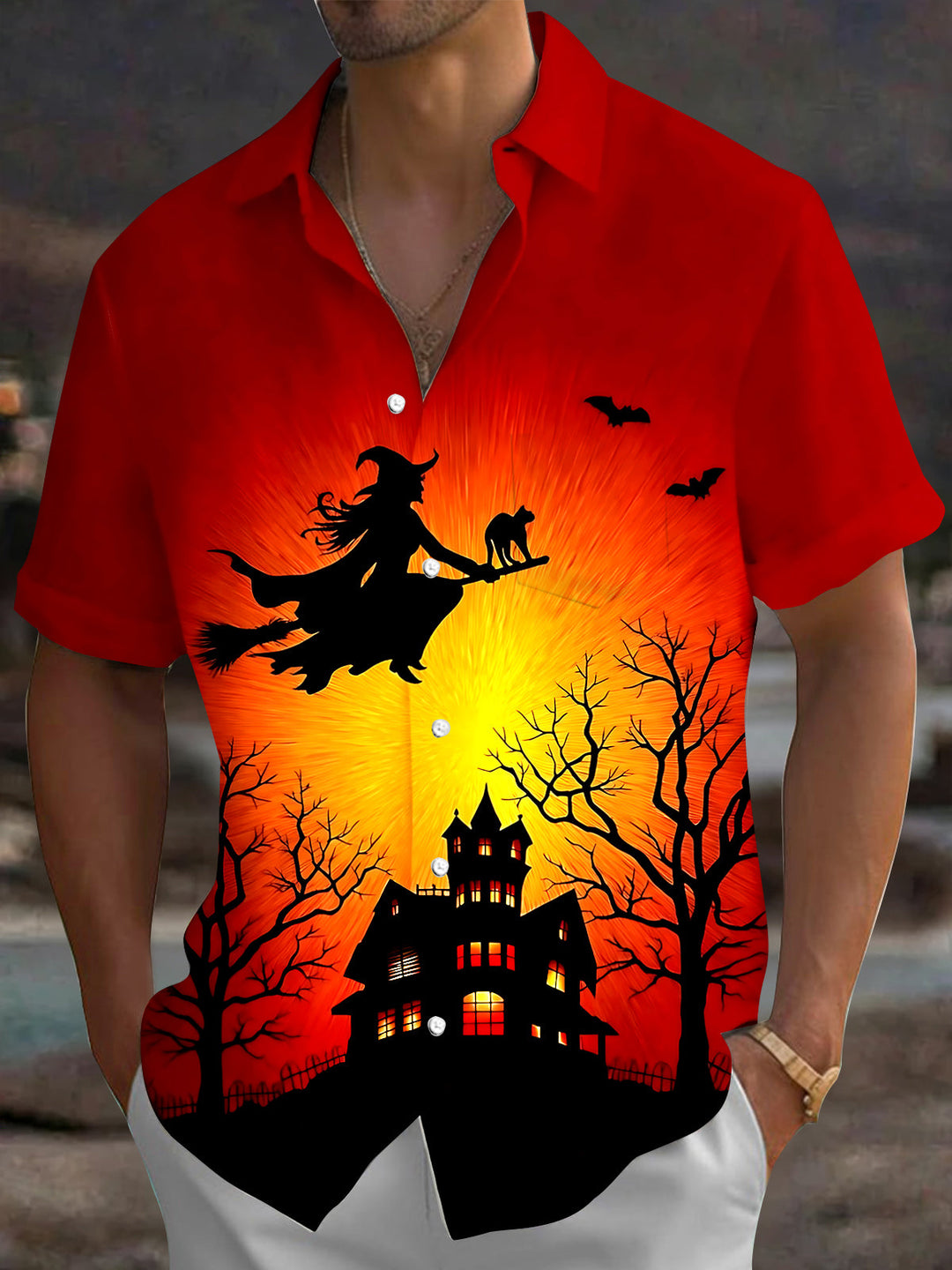 Oceanlyte Men's Graphic Witch On Broomstick Print Short Sleeve Shirt with Chest Pocket