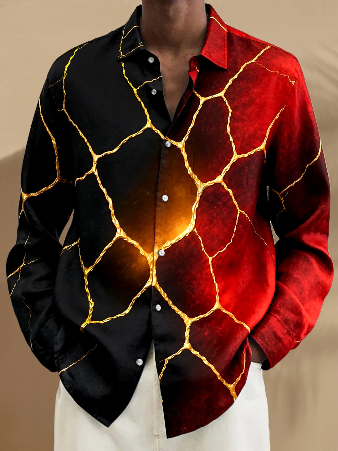 Oceanlyte Men's Patterned Cracked Lava Pattern Long Sleeve Shirt with Chest Pocket