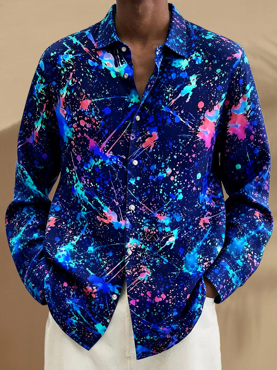 Oceanlyte Men's Tie Dye Colorful Paint Splatter Print Long Sleeve Shirt with Chest Pocket