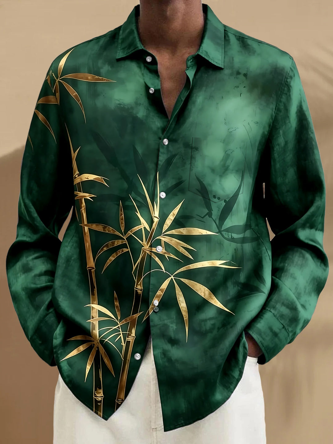 Oceanlyte Men's Tropical Gold Bamboo Print Long Sleeve Shirt with Chest Pocket