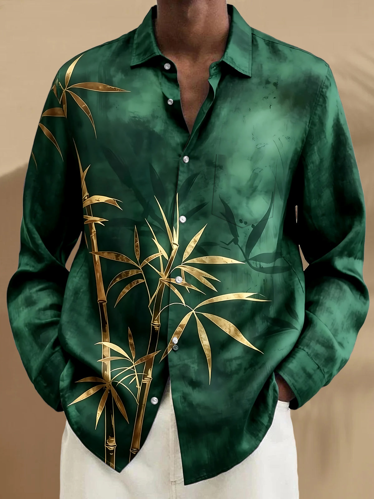 Oceanlyte Men's Tropical Gold Bamboo Print Long Sleeve Shirt with Chest Pocket