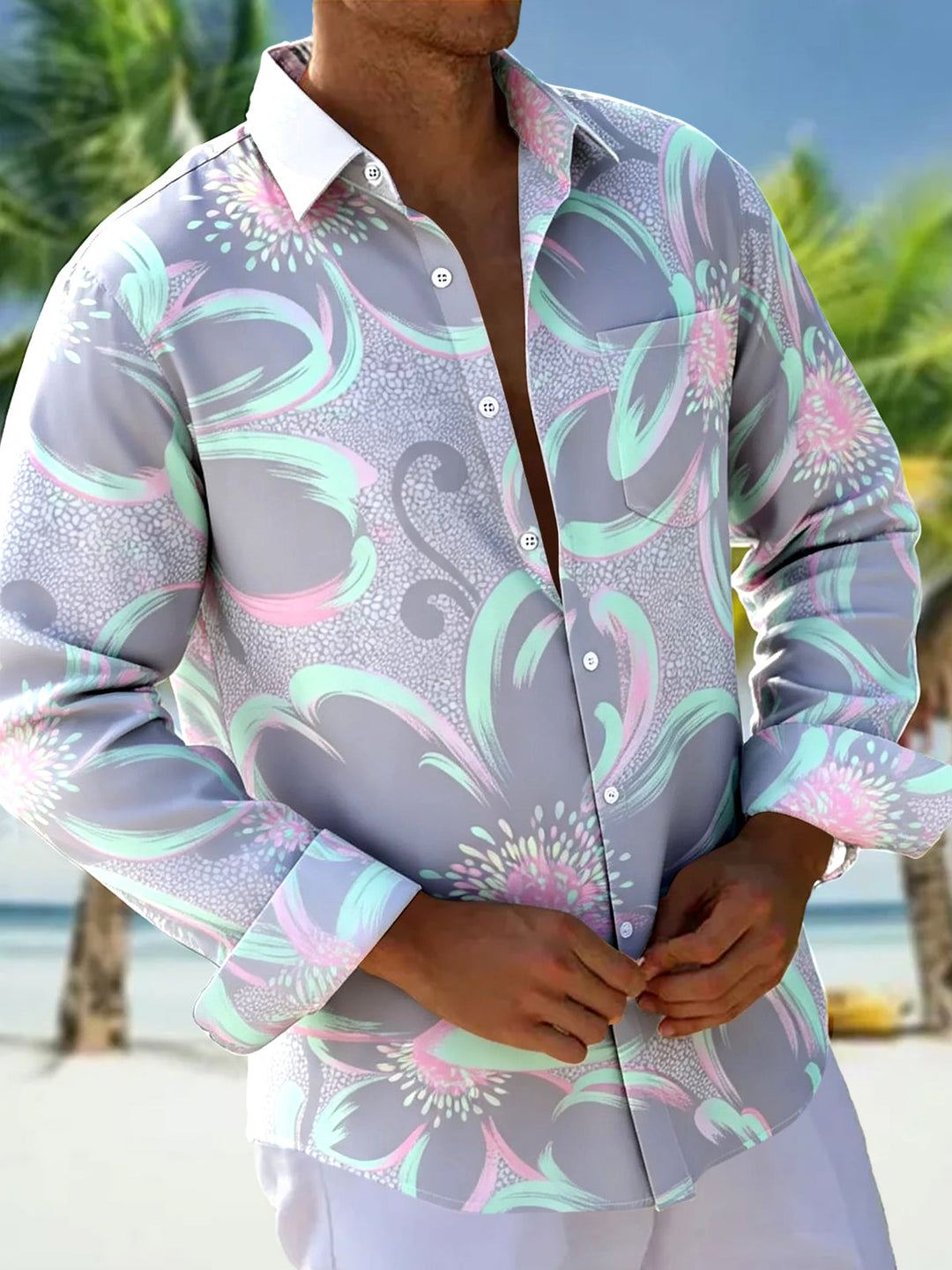 Oceanlyte Men's Floral Abstract Floral Swirls Print Long Sleeve Shirt with Chest Pocket