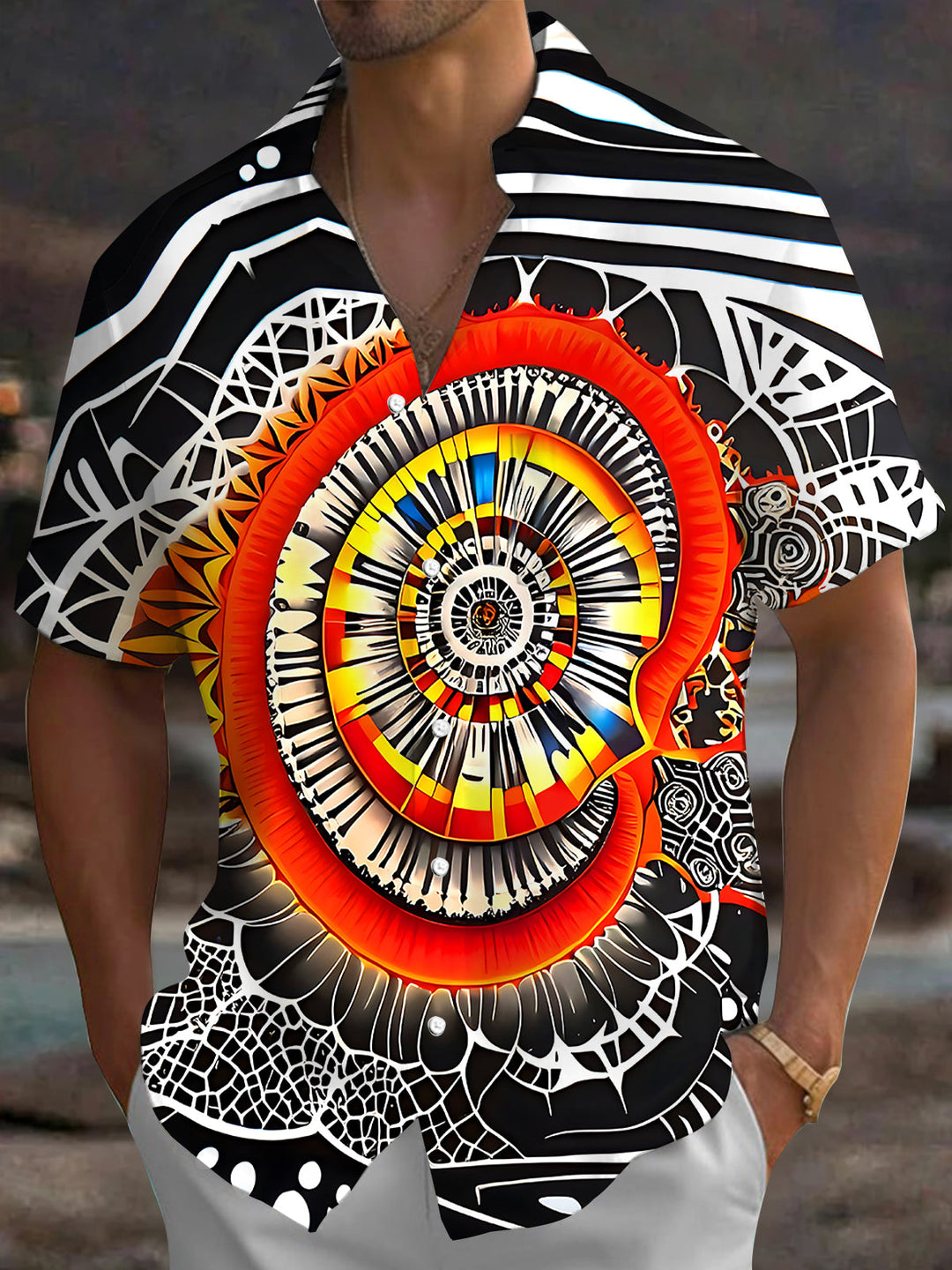 Oceanlyte Men's Abstract Abstract Spiral Eye Print Short Sleeve Shirt with Chest Pocket
