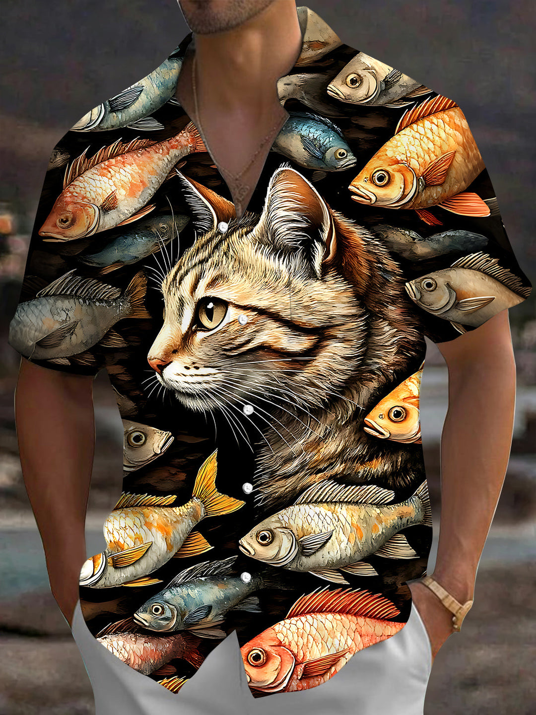 Oceanlyte Men's Hawaiian Cat Portrait Print Short Sleeve Shirt with Chest Pocket