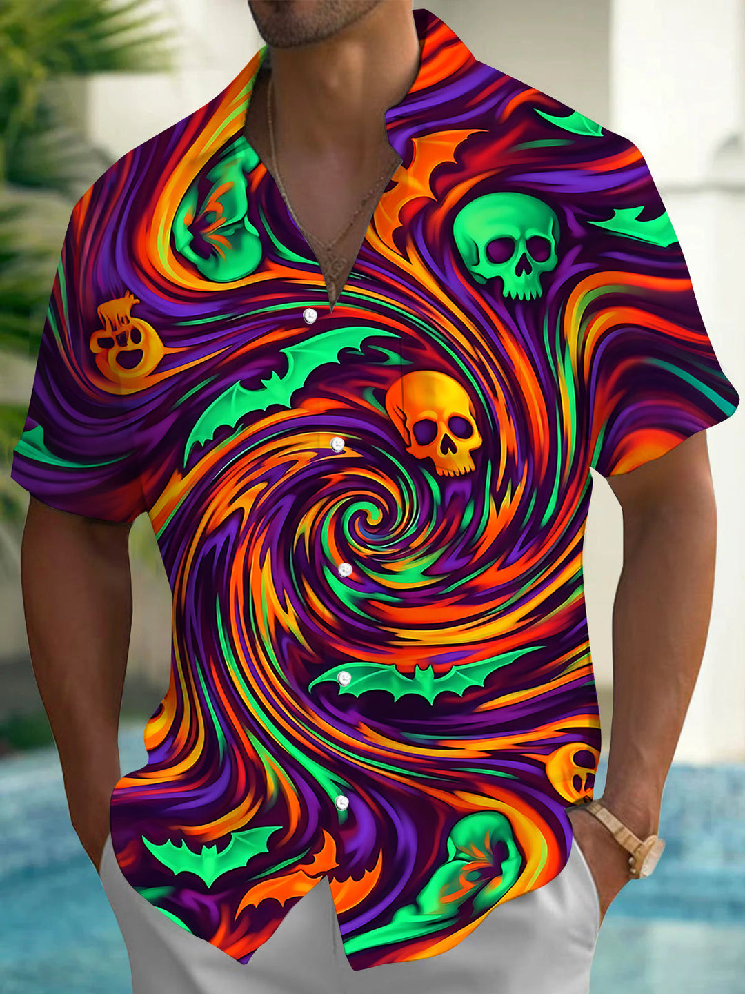 Oceanlyte Men's Tie Dye Skull Print Bat Print Short Sleeve Shirt with Chest Pocket