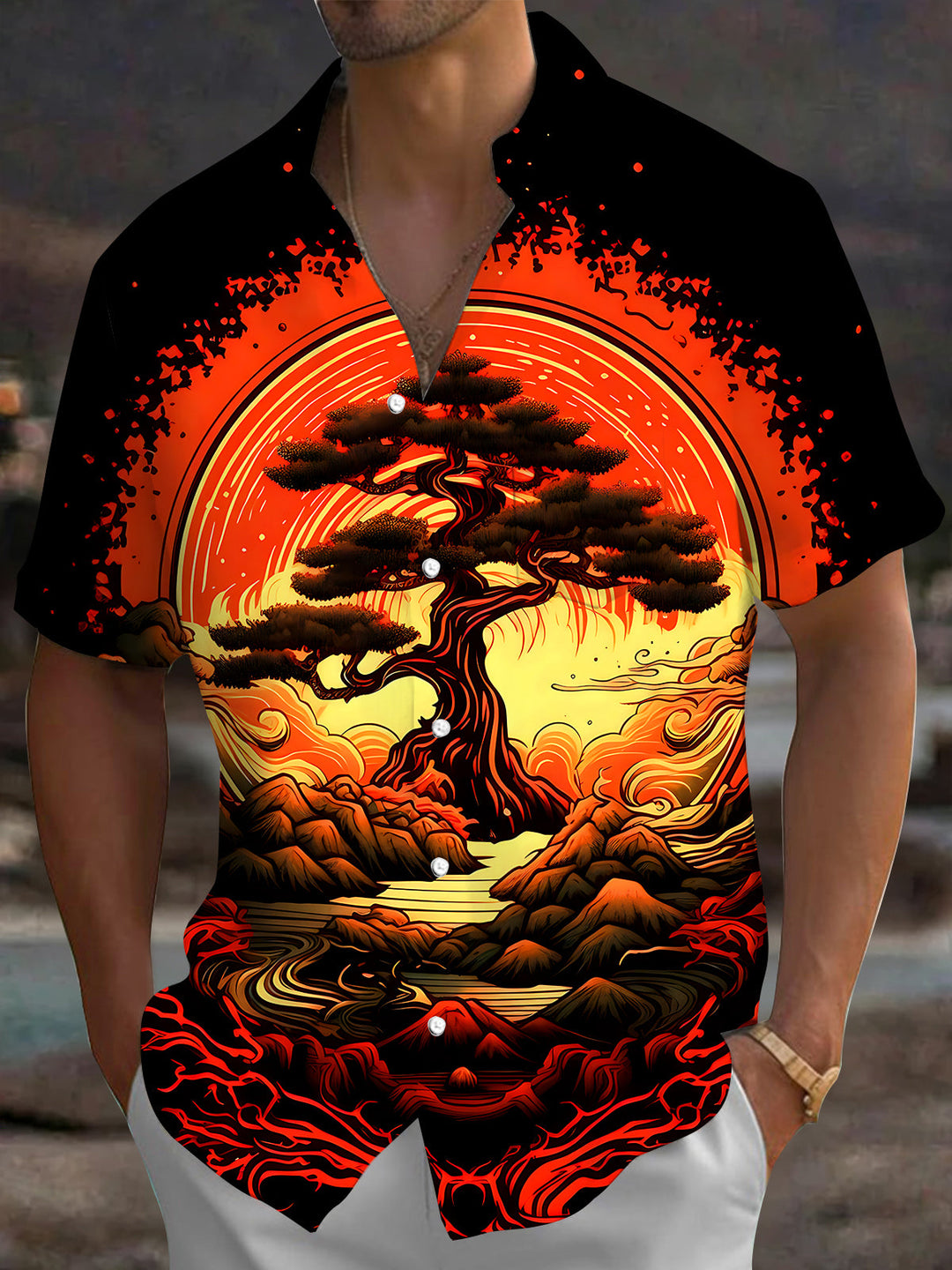 Oceanlyte Men's Bonsai Tree Sunset Print Short Sleeve Shirt with Chest Pocket