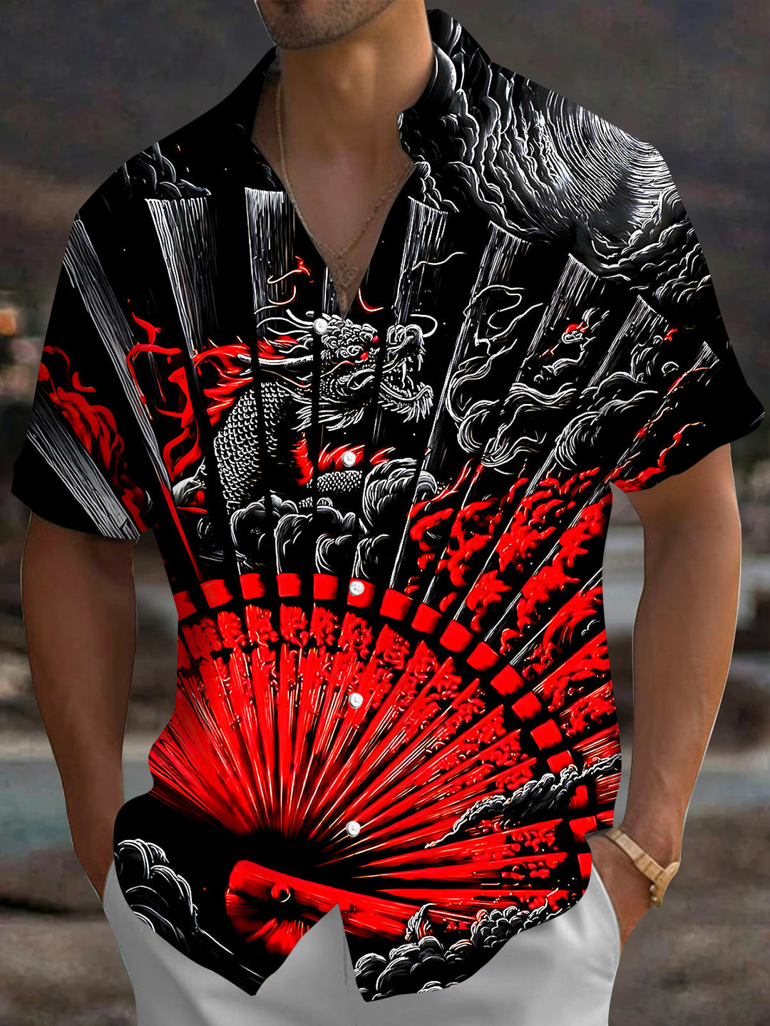Oceanlyte Men's Graphic Dragon Print Short Sleeve Shirt with Chest Pocket