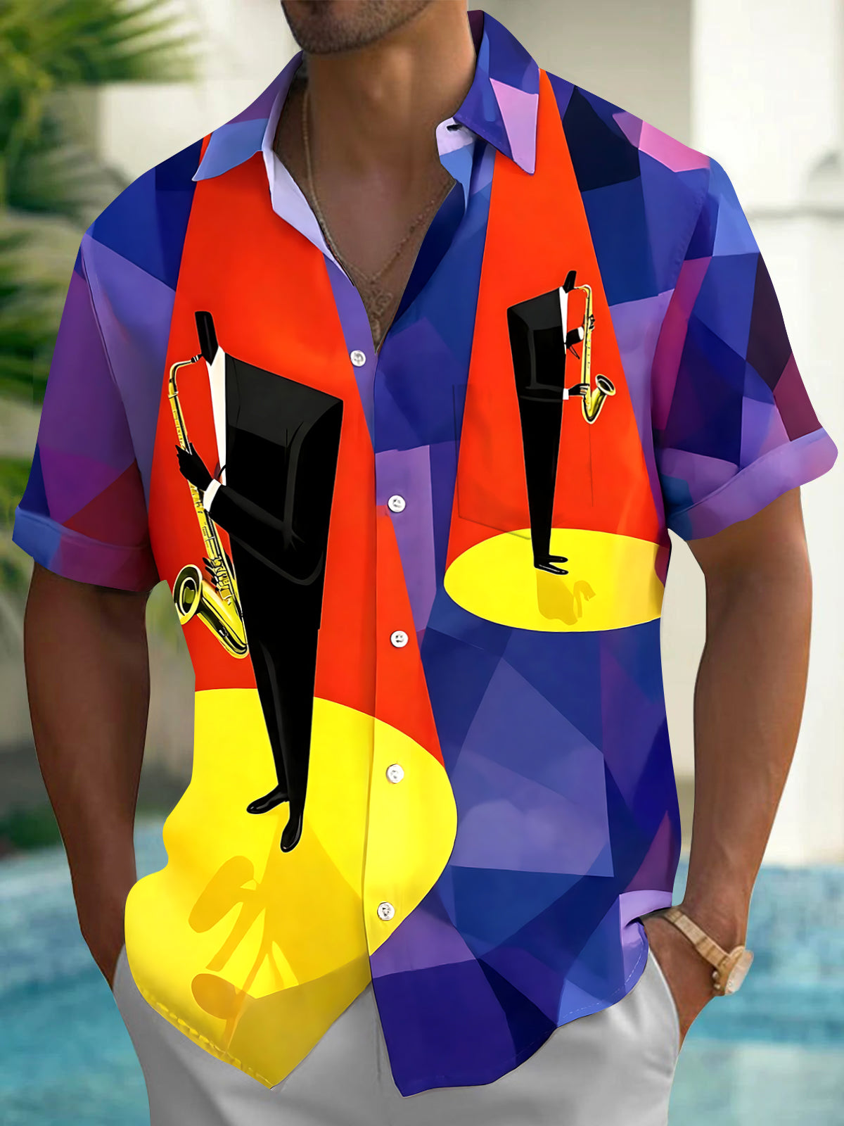 Oceanlyte Men's Graphic Saxophone Musician Print Short Sleeve Shirt with Chest Pocket
