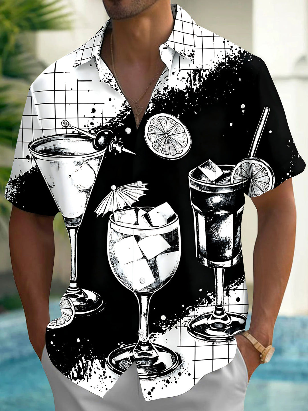 Oceanlyte Men's Hawaiian Cocktail Glasses Print Short Sleeve Shirt with Chest Pocket