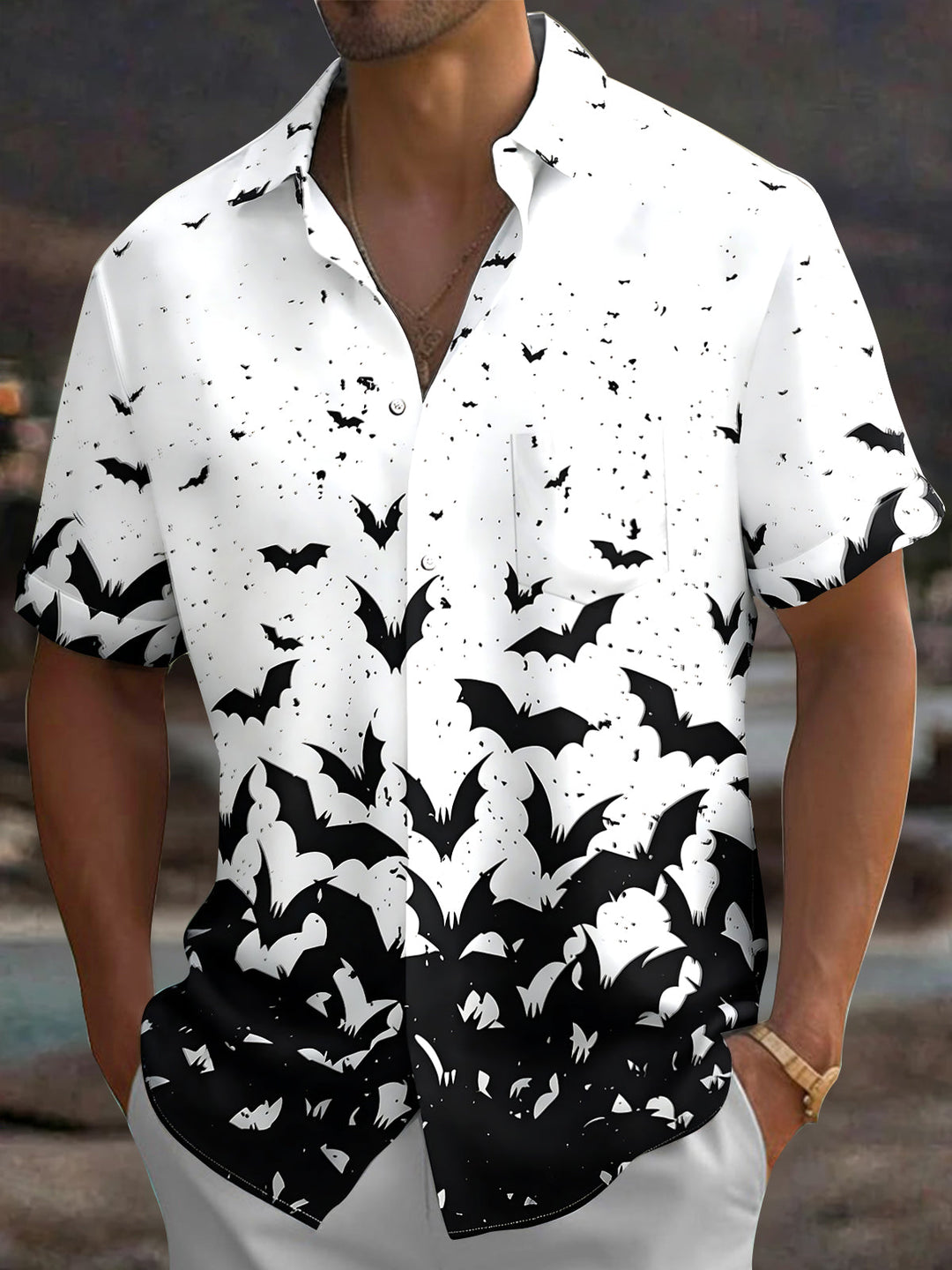 Oceanlyte Men's Graphic Bat Silhouette Print Short Sleeve Shirt with Chest Pocket