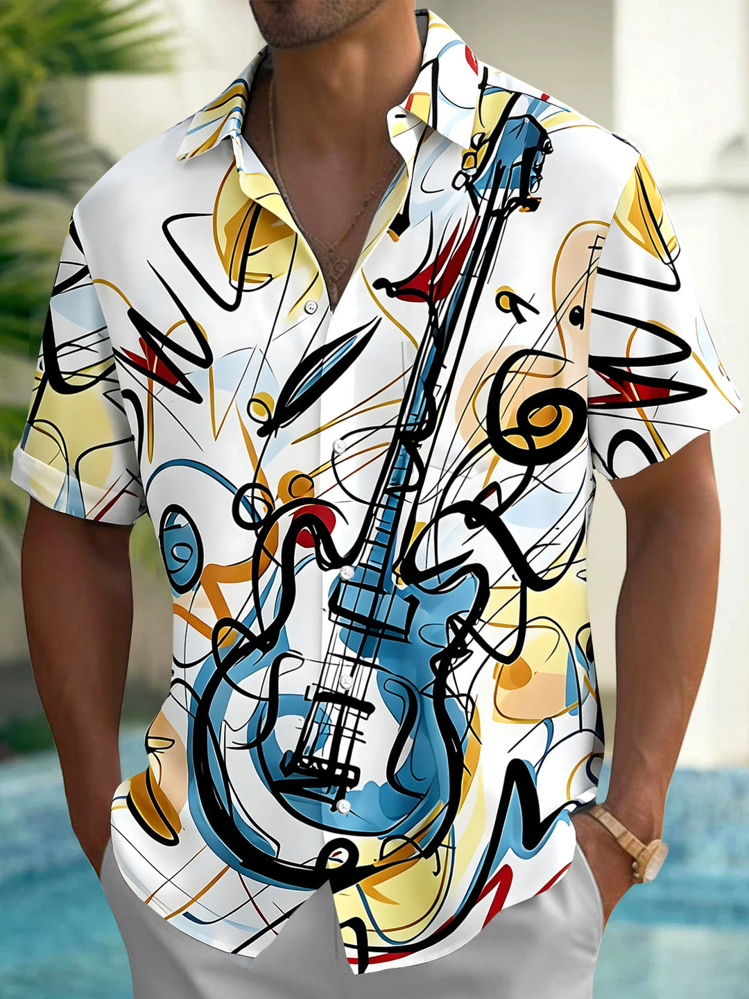 Oceanlyte Men's Graphic Abstract Guitar Print Short Sleeve Shirt with Chest Pocket