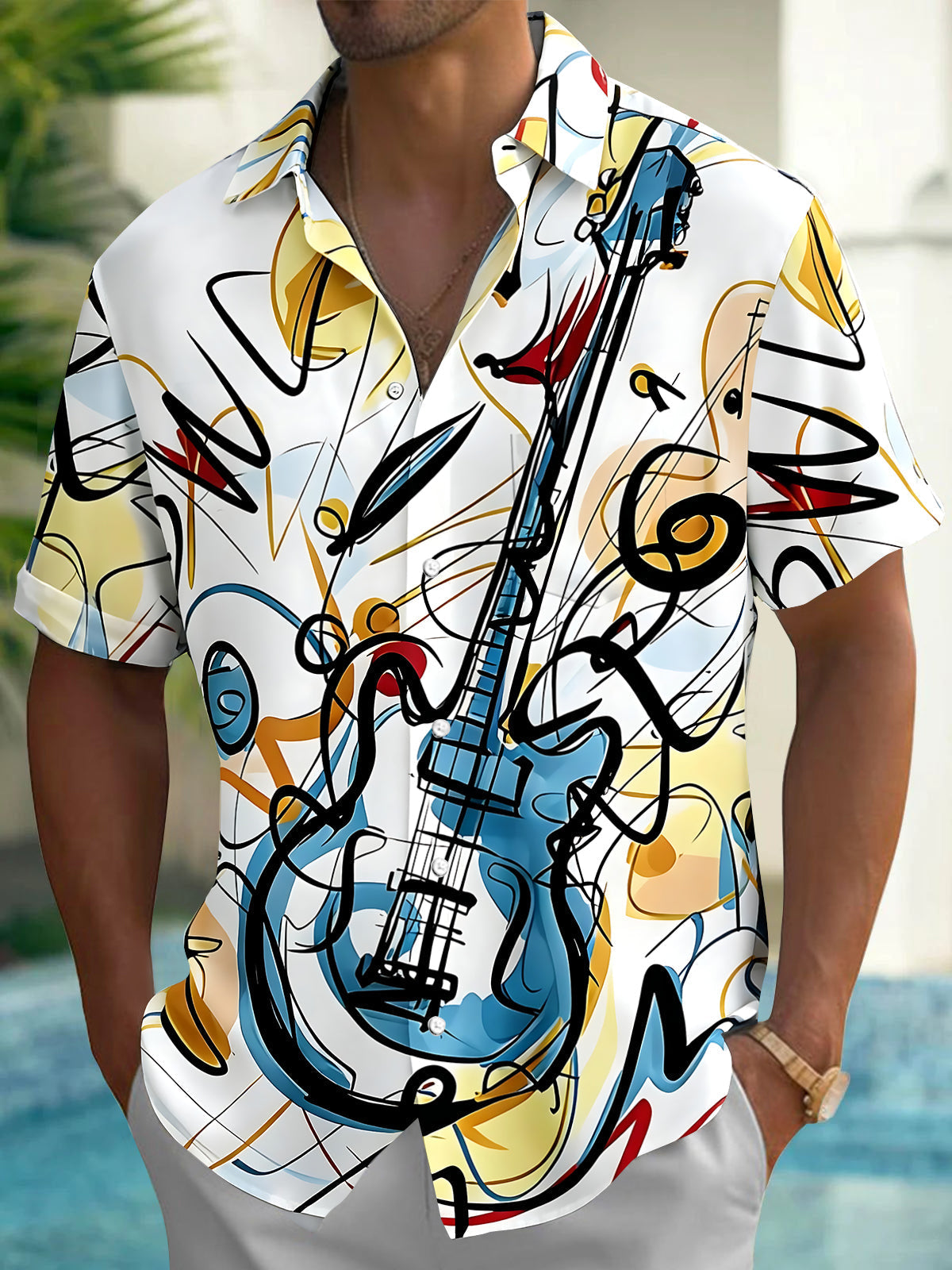 Oceanlyte Men's Graphic Abstract Guitar Print Short Sleeve Shirt with Chest Pocket