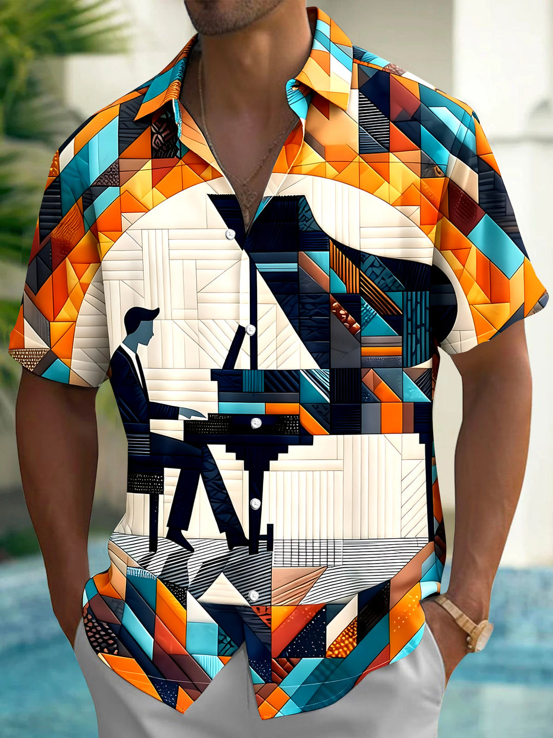 Oceanlyte Men's Geometric Piano Concert Print Short Sleeve Shirt with Chest Pocket