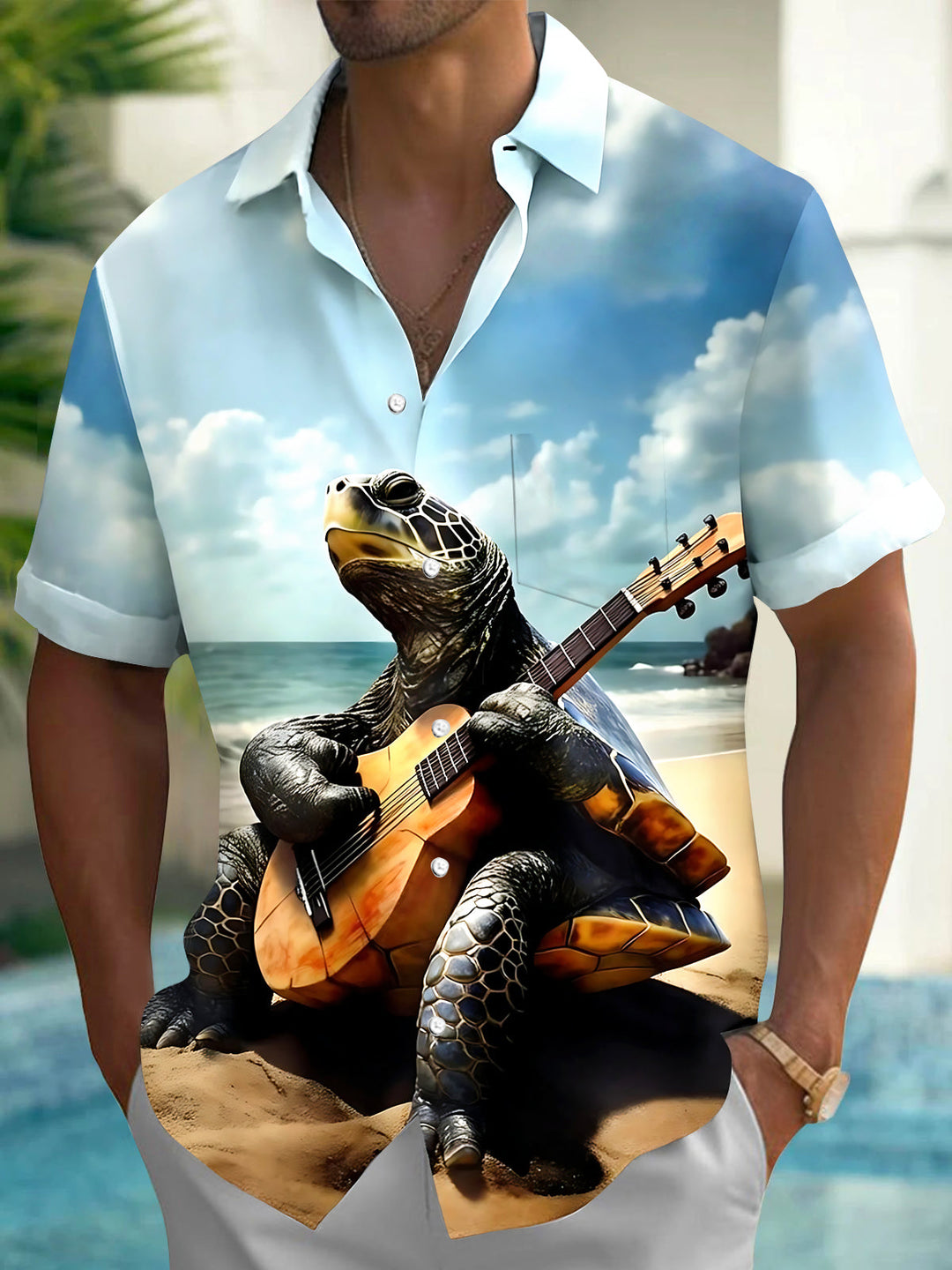 Oceanlyte Men's Sea Turtle Playing Guitar Print Short Sleeve Shirt with Chest Pocket