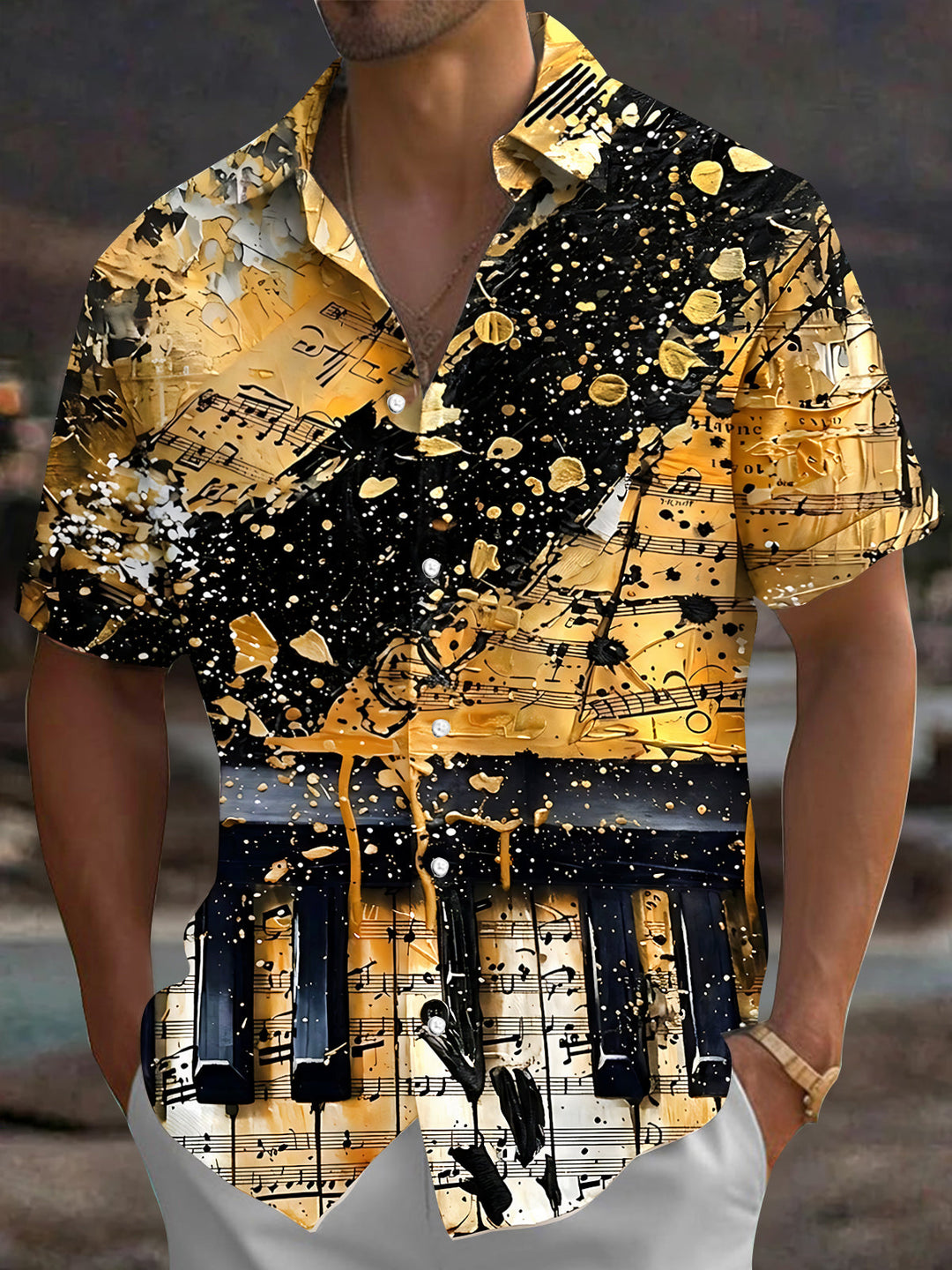Oceanlyte Men's Graphic Piano Keys Print Short Sleeve Shirt with Chest Pocket