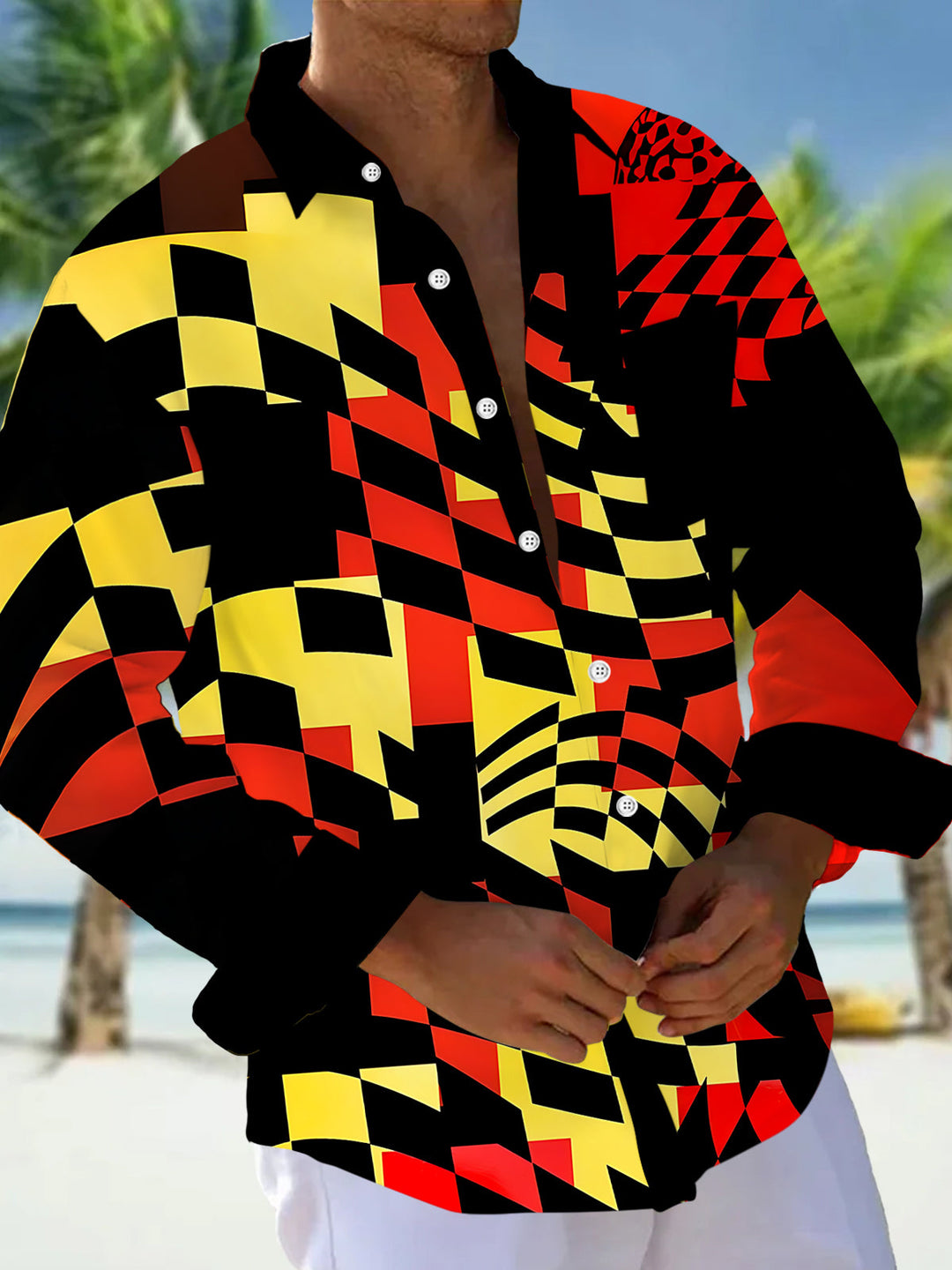 Oceanlyte Men's Abstract Geometric Shapes Print Long Sleeve Shirt with Chest Pocket