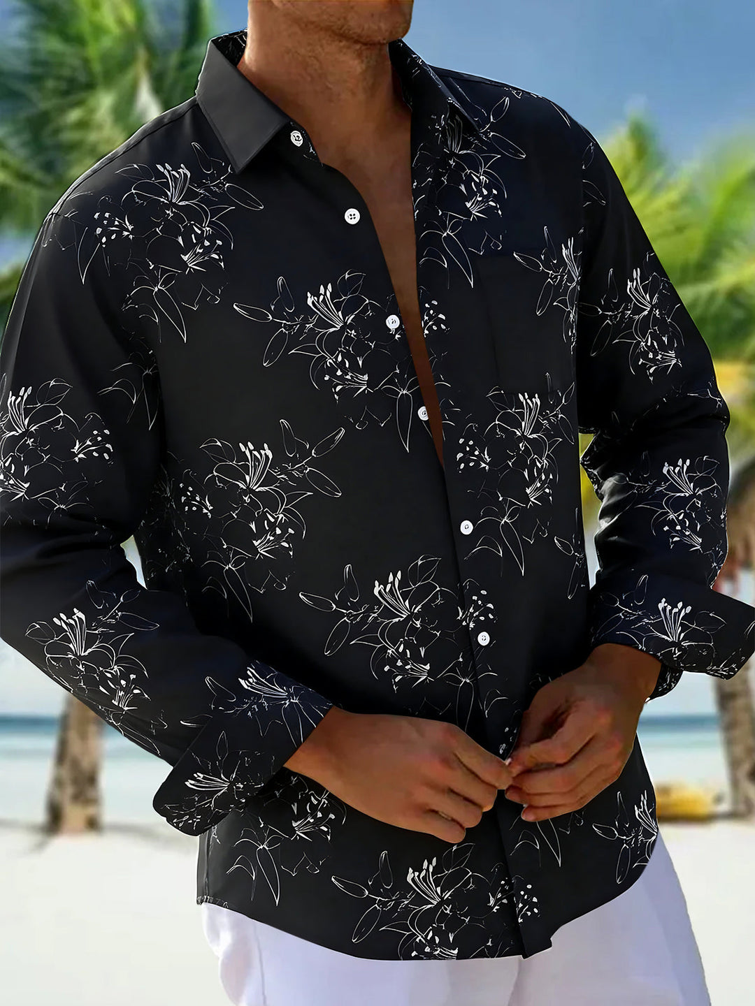 Oceanlyte Men's Floral White Floral Line Art On Print Long Sleeve Shirt with Chest Pocket