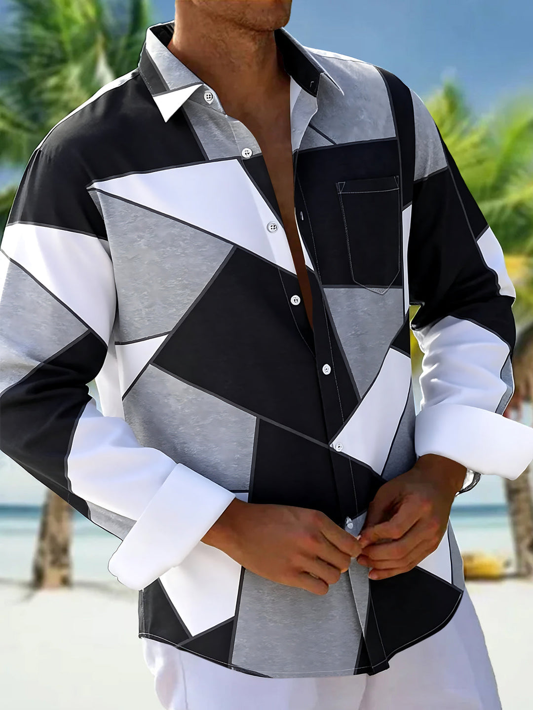 Oceanlyte Men's Geometric Color Block Pattern Long Sleeve Shirt with Chest Pocket