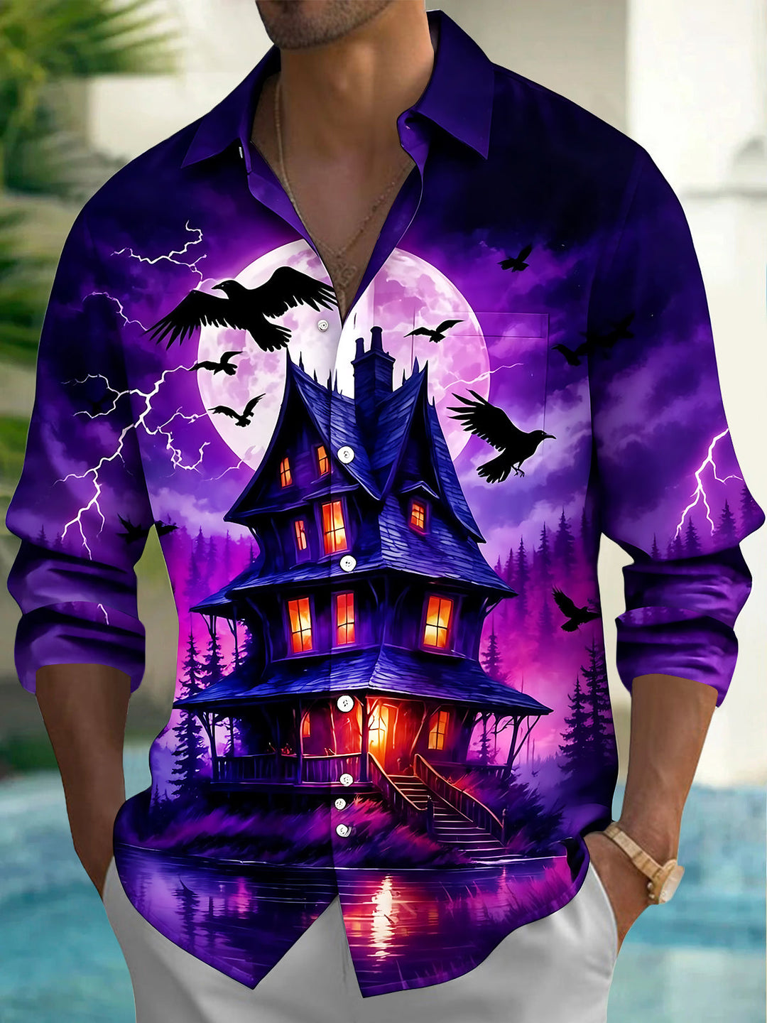 Oceanlyte Men's Graphic Haunted Castle Print Long Sleeve Shirt with Chest Pocket