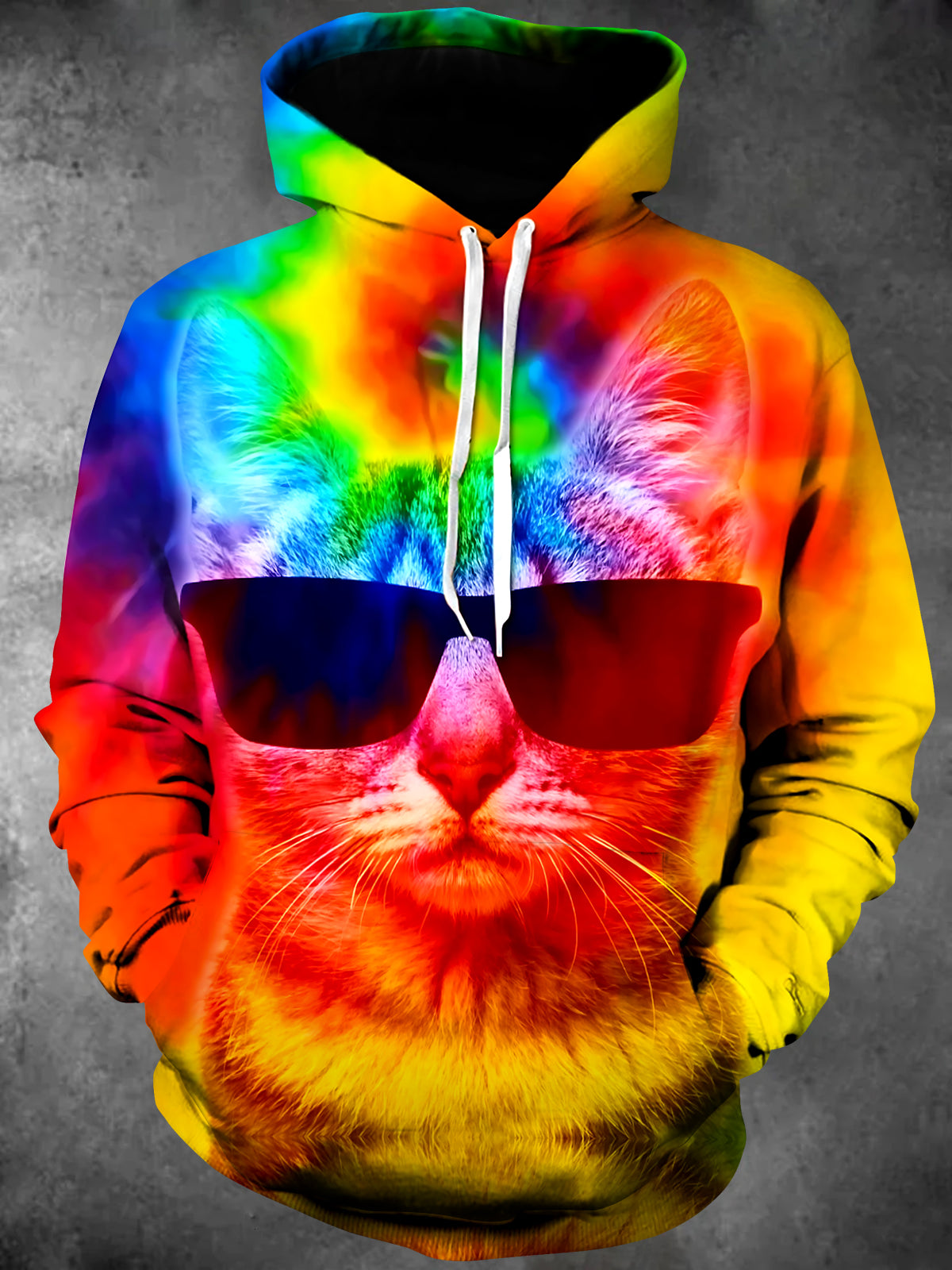 Oceanlyte Men's Tie Dye Rainbow Cat Face Print Long Sleeve Hoodie with Chest Pocket