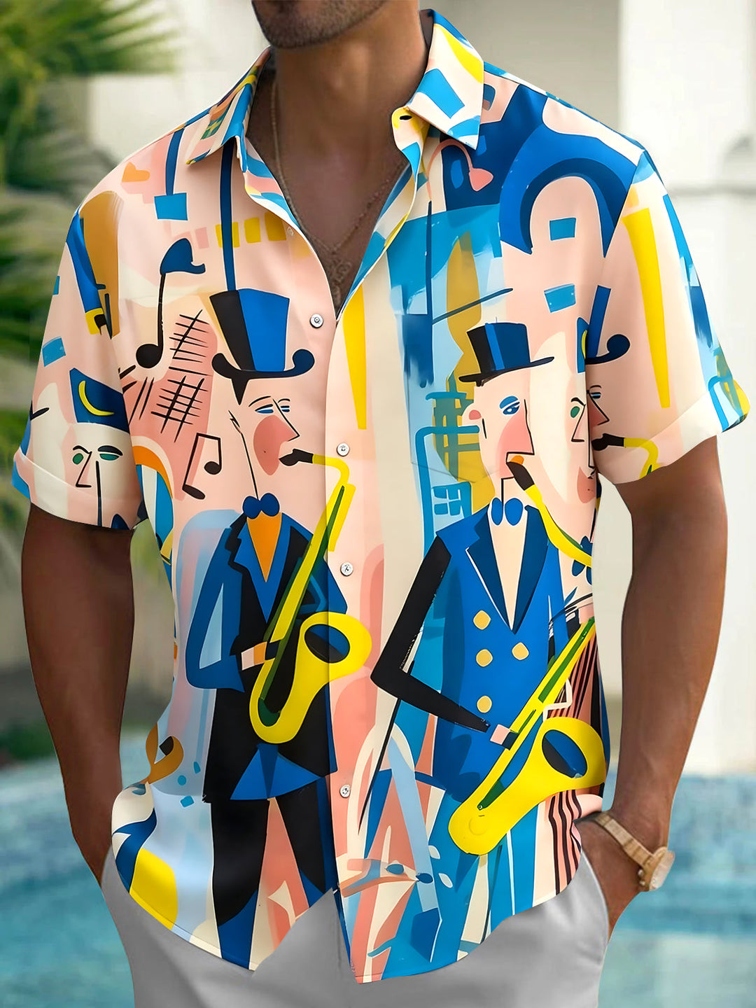 Oceanlyte Men's Abstract Jazz Musicians Print Short Sleeve Shirt with Chest Pocket