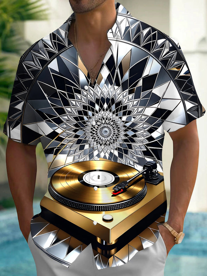 Oceanlyte Men's Graphic Vinyl Record Player Print Short Sleeve Shirt with Chest Pocket