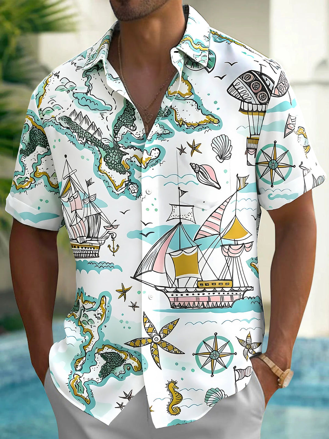 Oceanlyte Men's Hawaiian Sailing Boat Print Short Sleeve Shirt with Chest Pocket