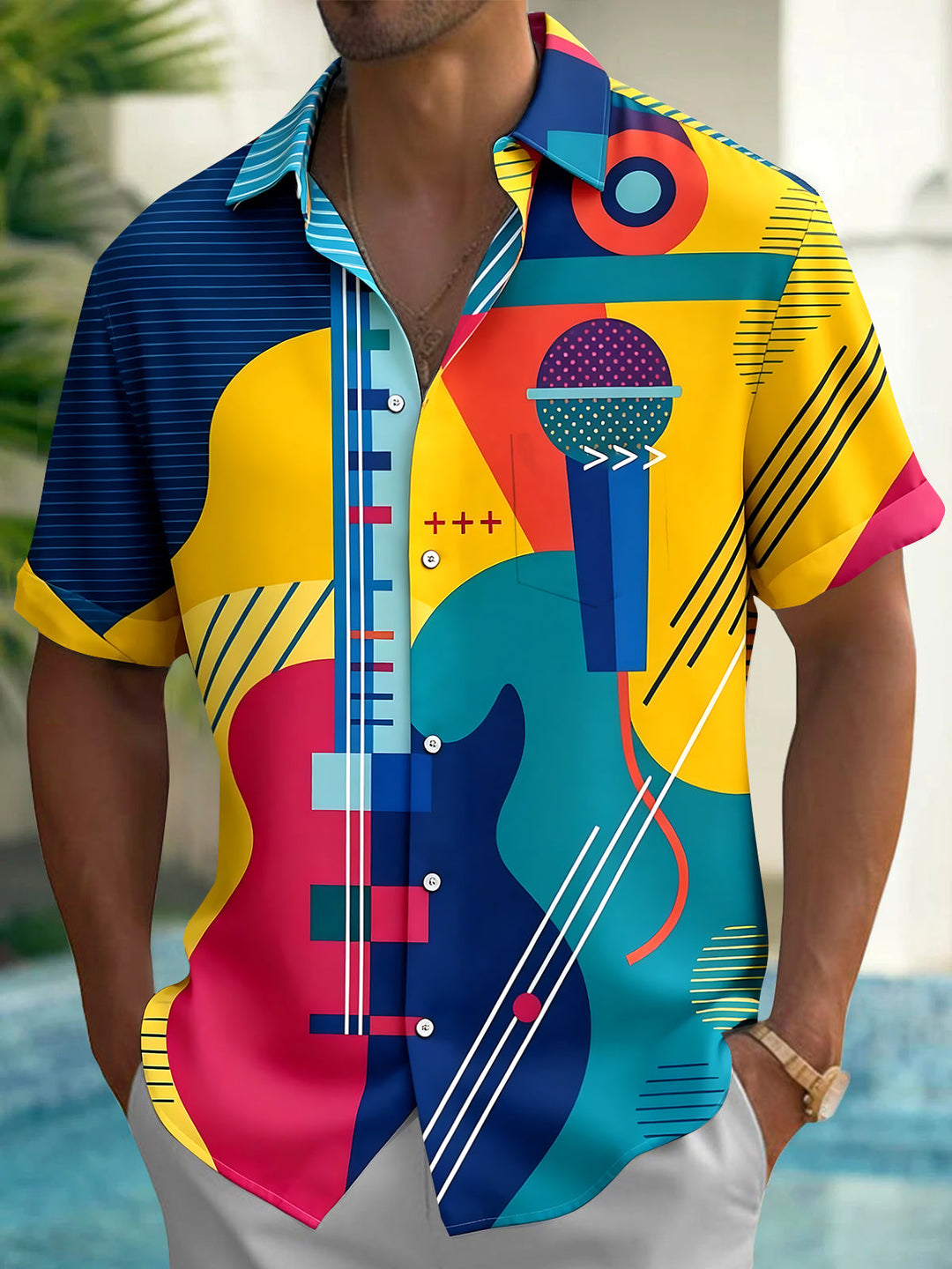 Oceanlyte Men's Geometric Music Instruments Print Short Sleeve Shirt with Chest Pocket