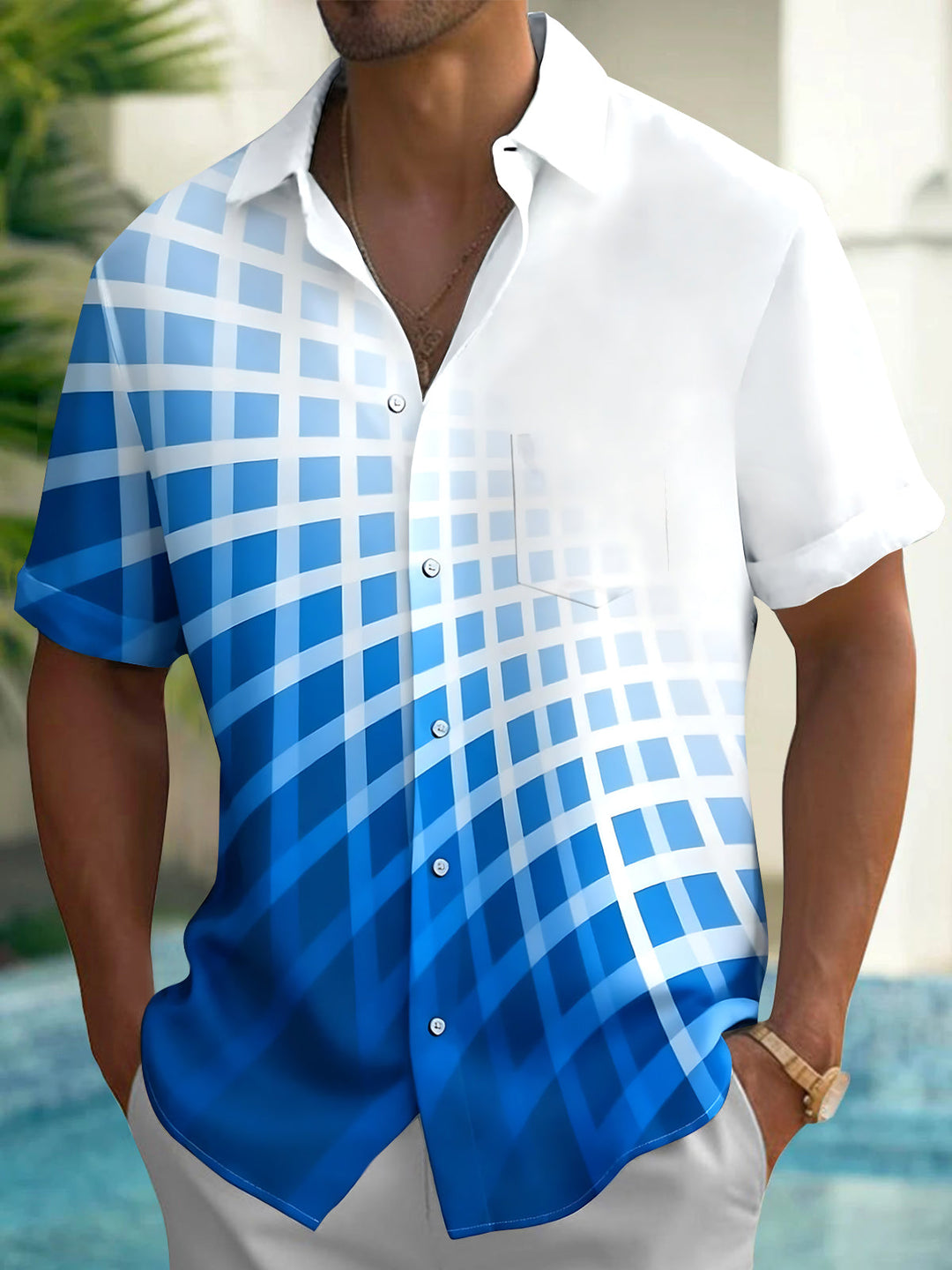 Oceanlyte Men's Geometric Gradient Grid Print Short Sleeve Shirt with Chest Pocket