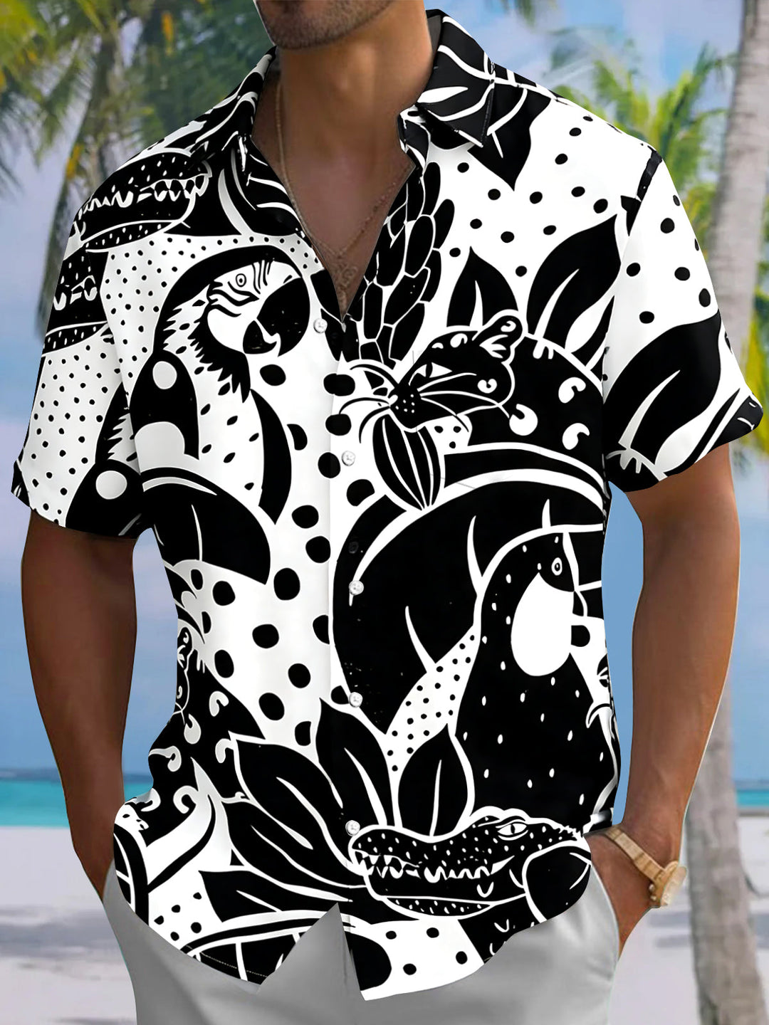 Oceanlyte Men's Black And White Animal Print Short Sleeve Shirt with Chest Pocket