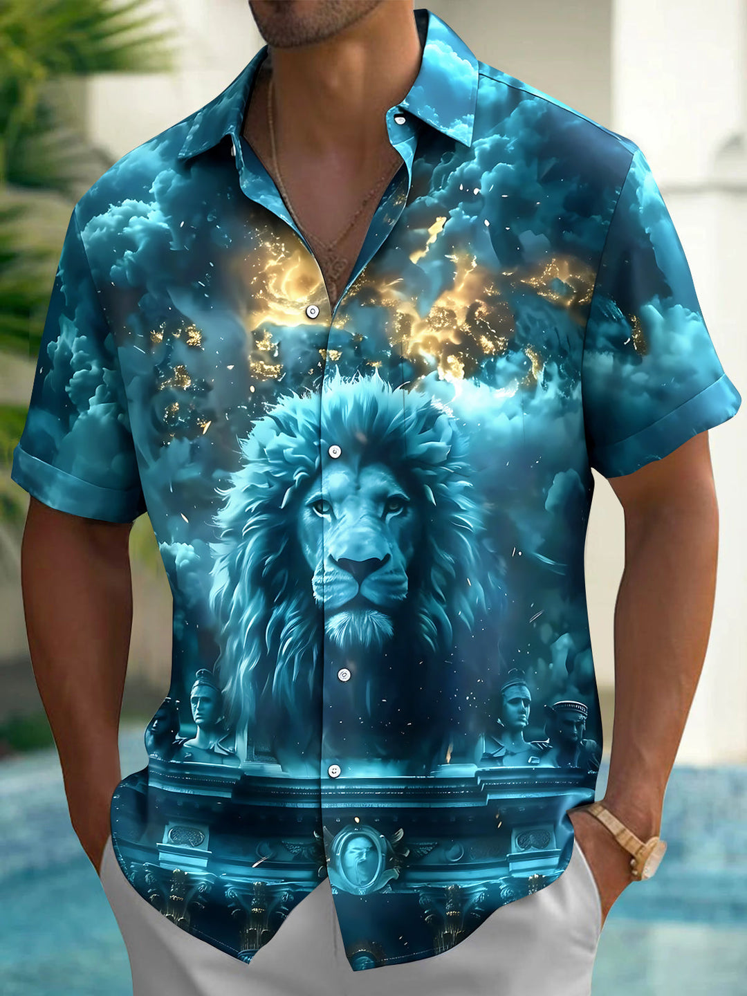 Oceanlyte Men's Hawaiian Lion Portrait Print Short Sleeve Shirt with Chest Pocket