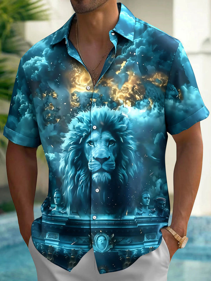 Oceanlyte Men's Hawaiian Lion Portrait Print Short Sleeve Shirt with Chest Pocket