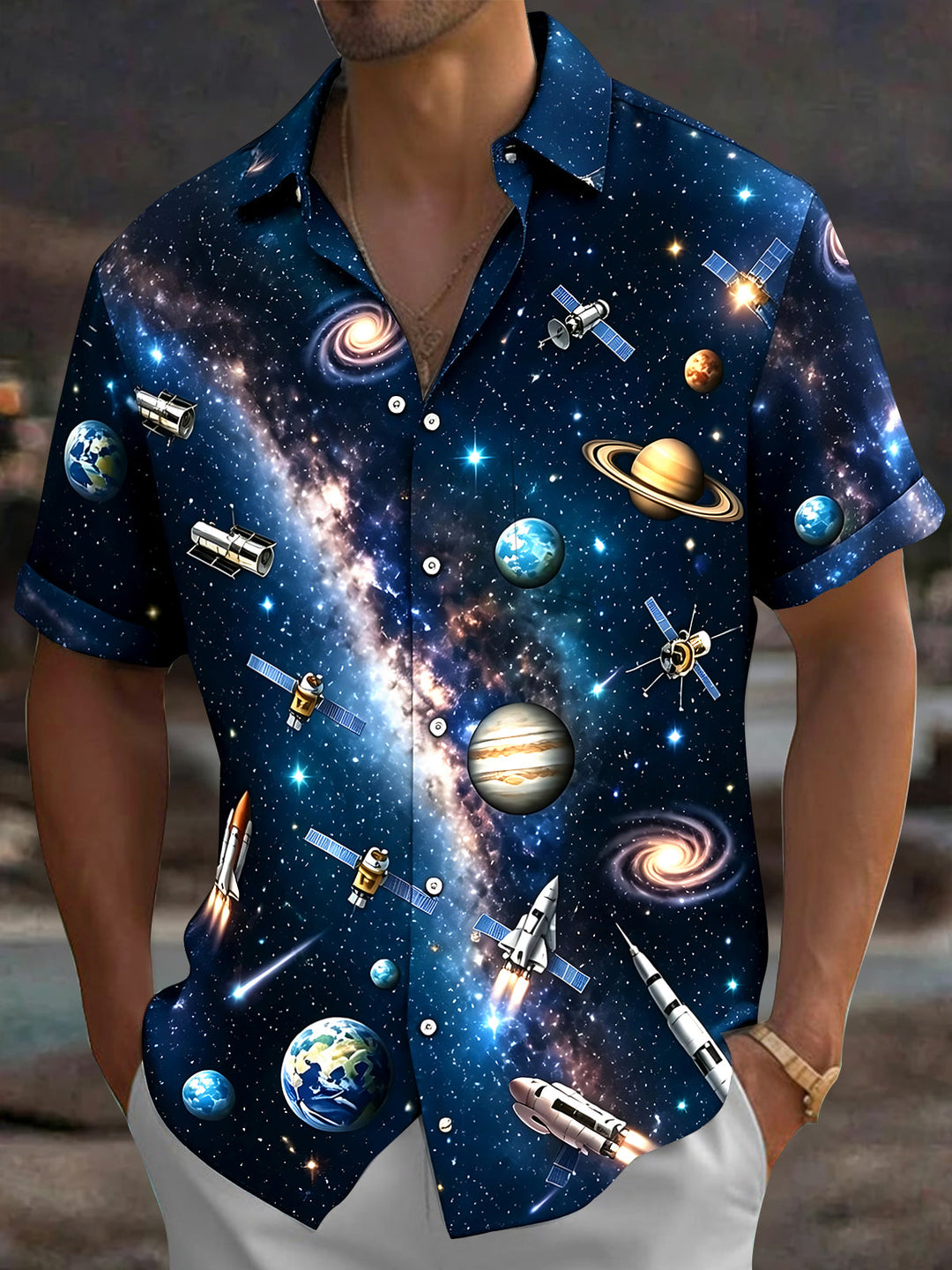 Oceanlyte Men's Hawaiian Space Galaxy Print Short Sleeve Shirt with Chest Pocket